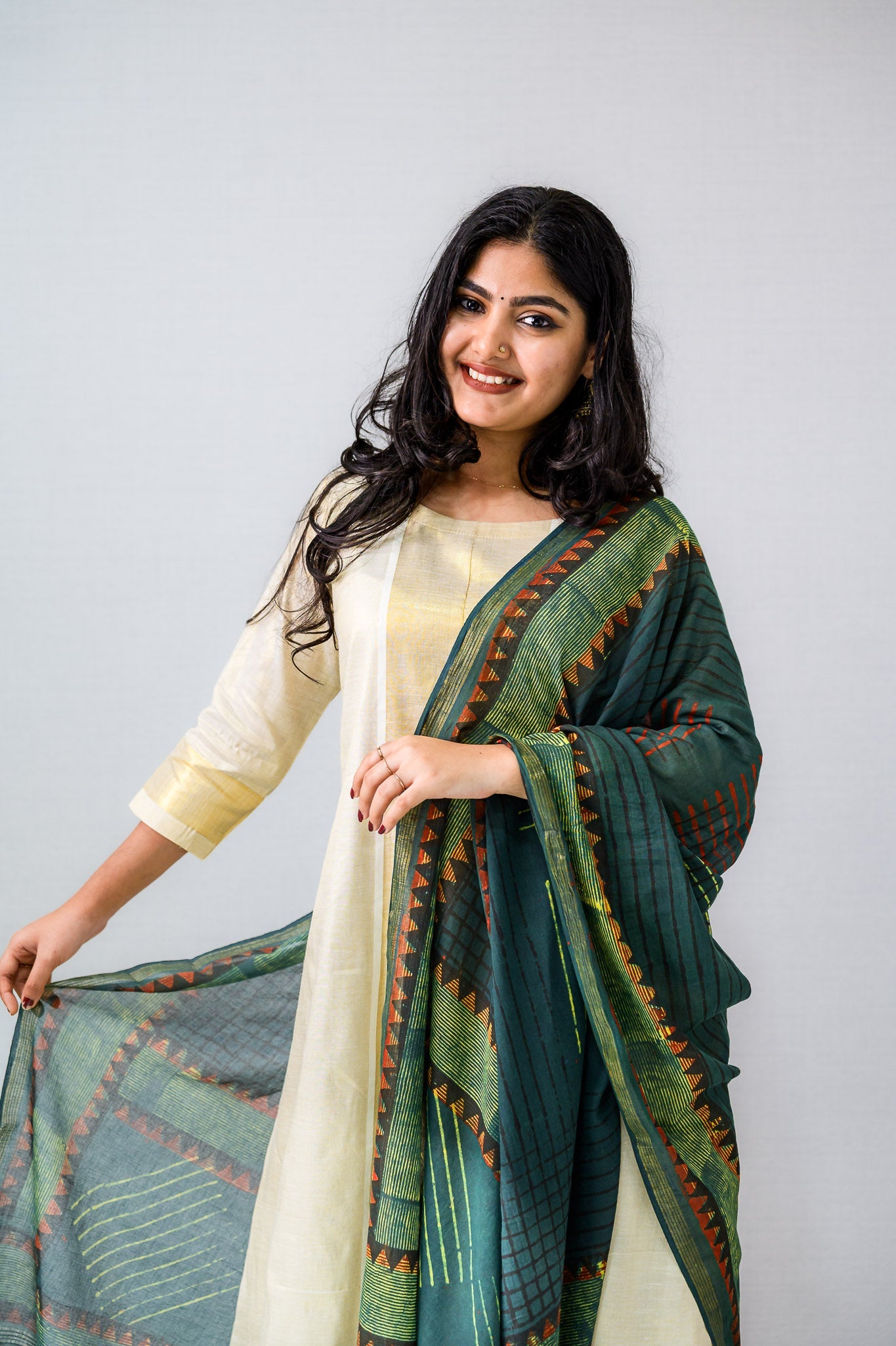 Ajrakh Temple Triangles Pure Cotton Dupatta - Lobha Deepthis