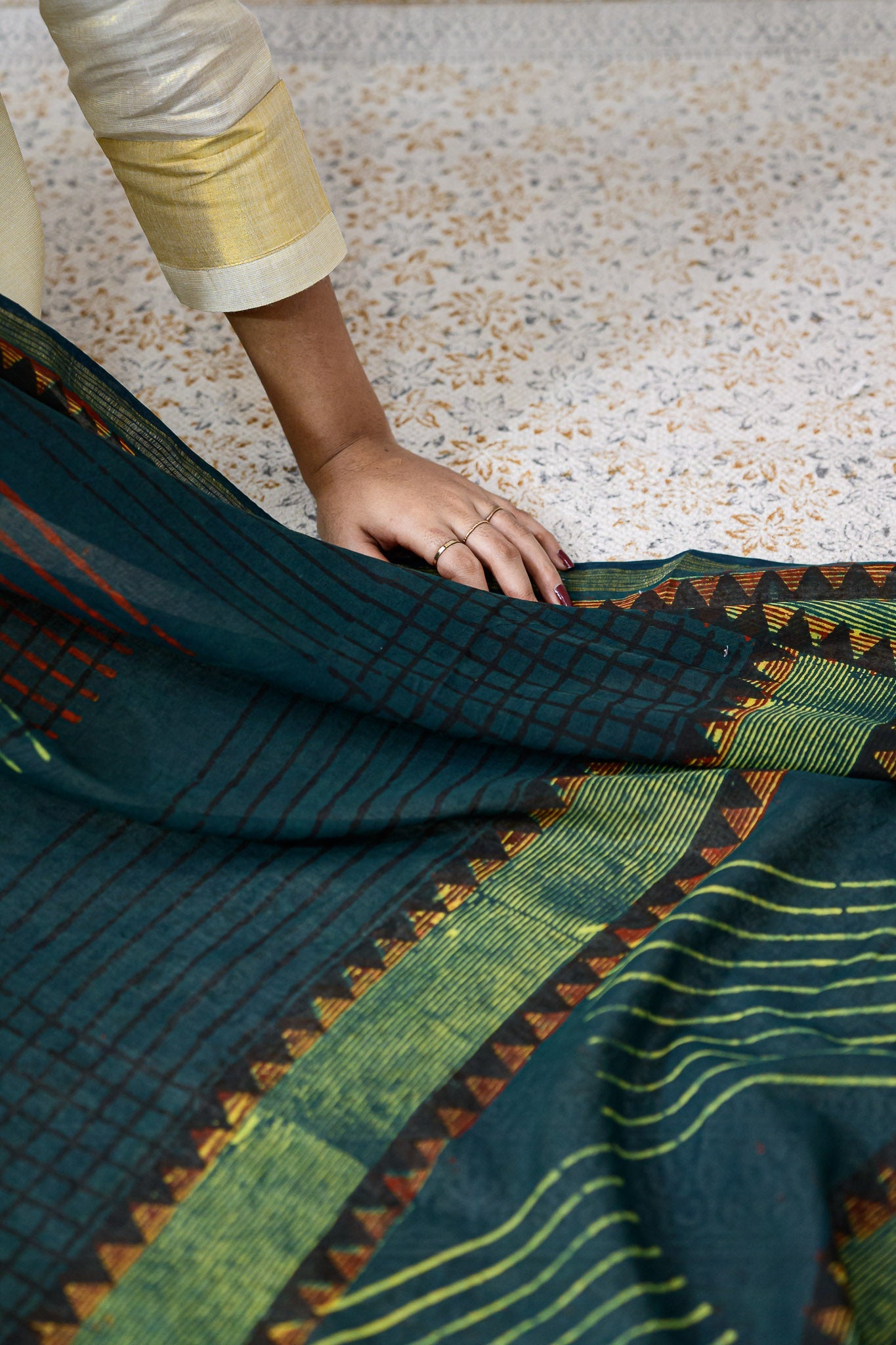 Ajrakh Temple Triangles Pure Cotton Dupatta - Lobha Deepthis