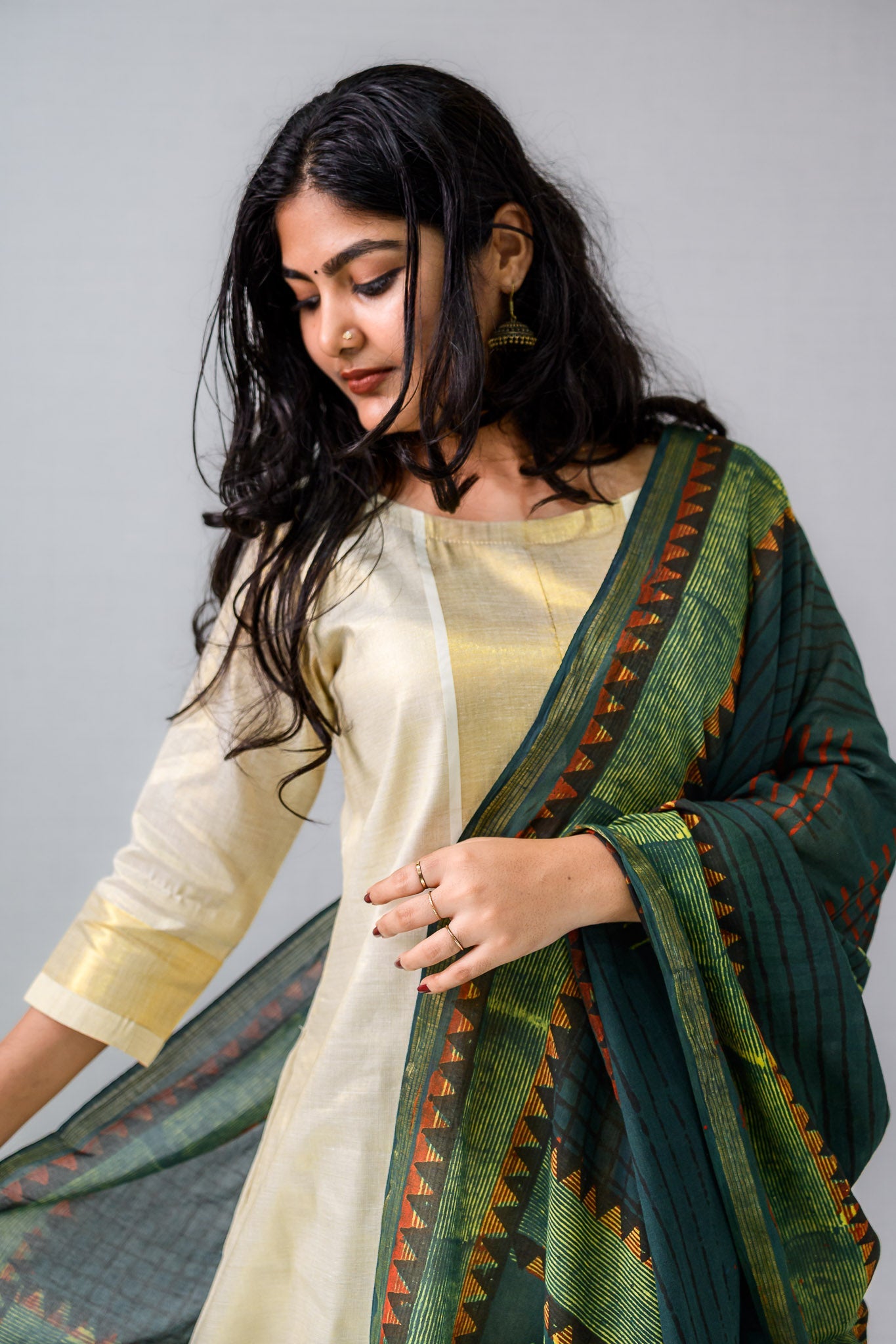Ajrakh Temple Triangles Pure Cotton Dupatta - Lobha Deepthis