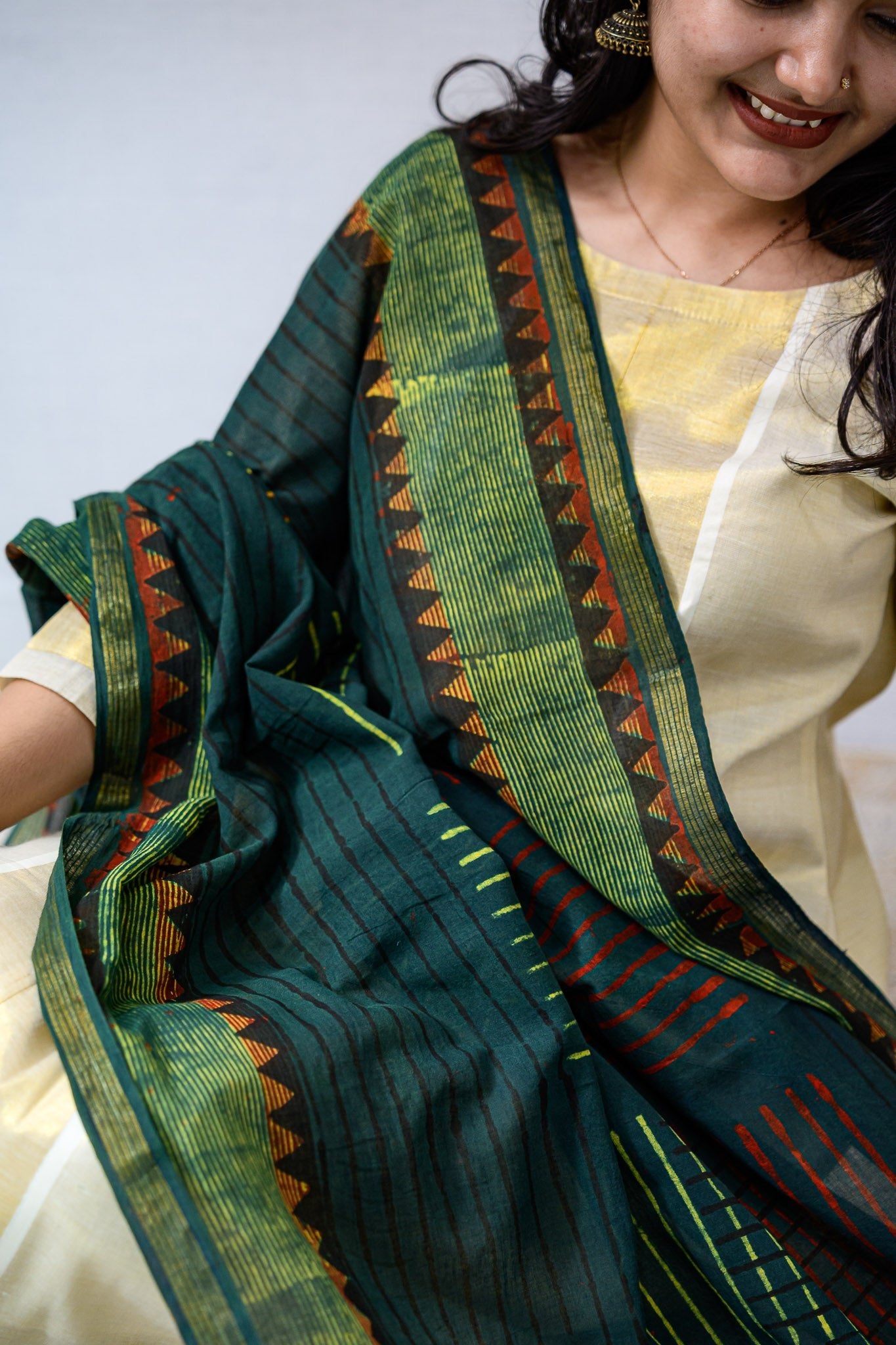 Ajrakh Temple Triangles Pure Cotton Dupatta - Lobha Deepthis