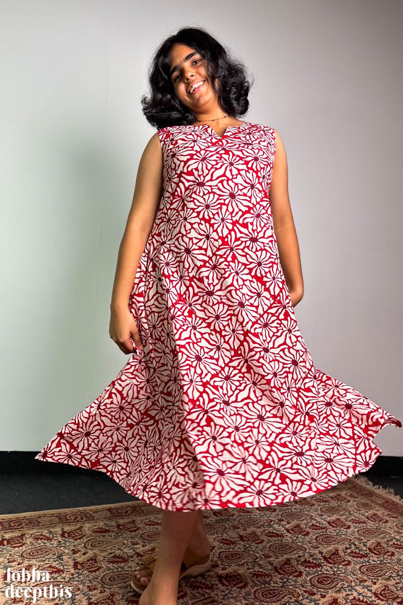 Candy Cane Red White Sanganeri Cotton Cross Cut Dress- Lobha Deepthis