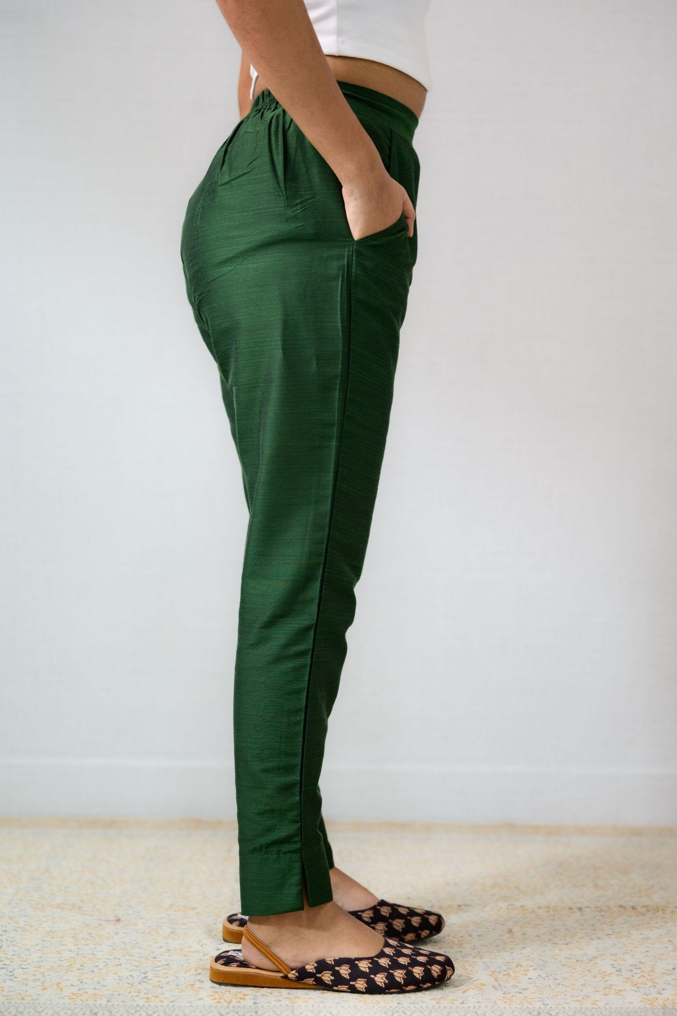 Dark Olive Slub Silk Pencil Pants - Lobha Deepthis
