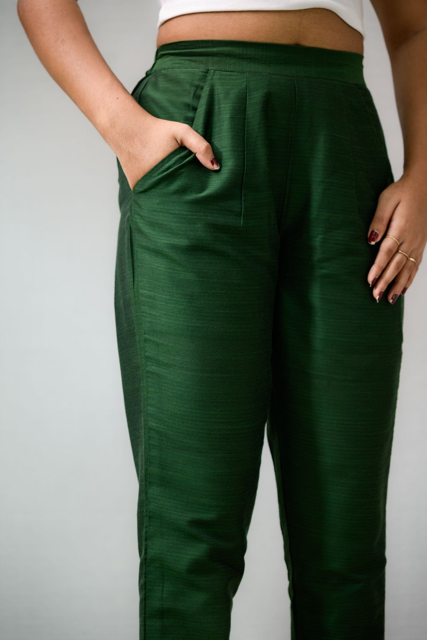 Dark Olive Slub Silk Pencil Pants - Lobha Deepthis