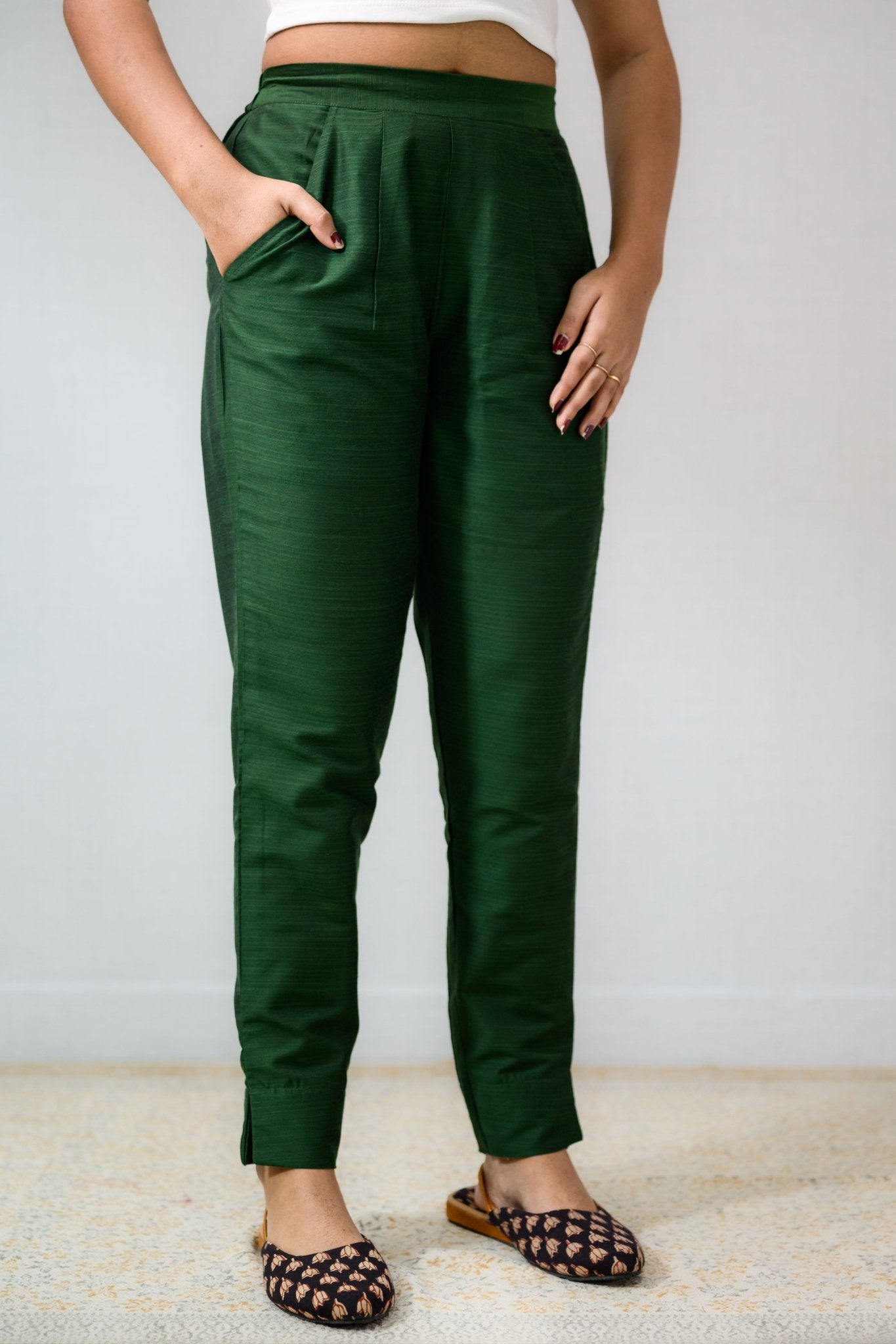 Dark Olive Slub Silk Pencil Pants - Lobha Deepthis