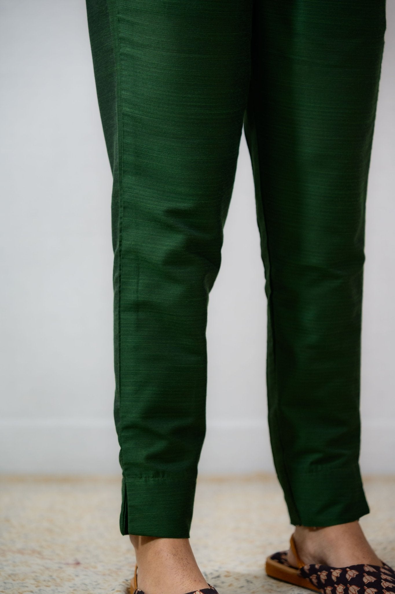 Dark Olive Slub Silk Pencil Pants - Lobha Deepthis
