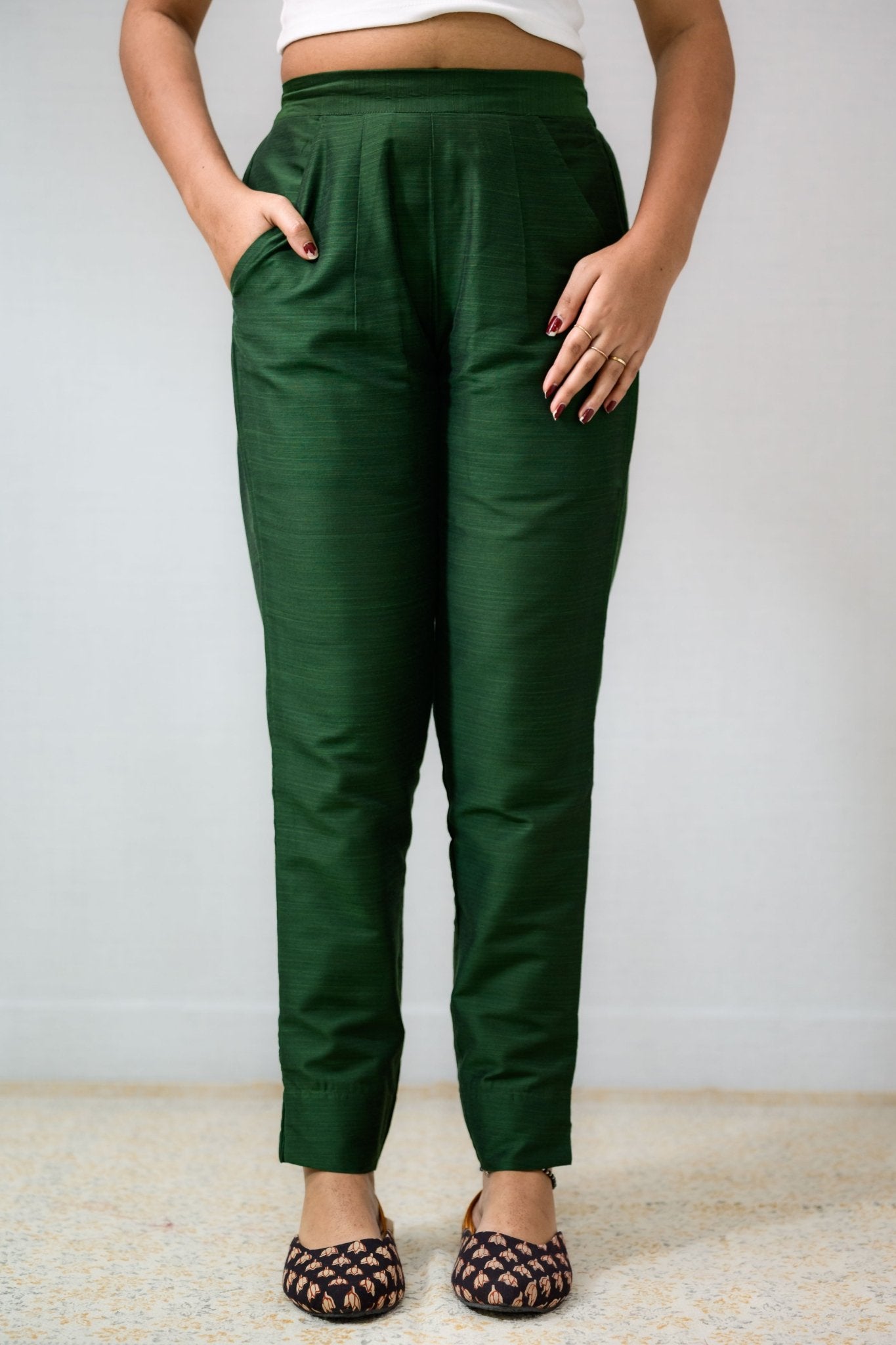 Dark Olive Slub Silk Pencil Pants - Lobha Deepthis