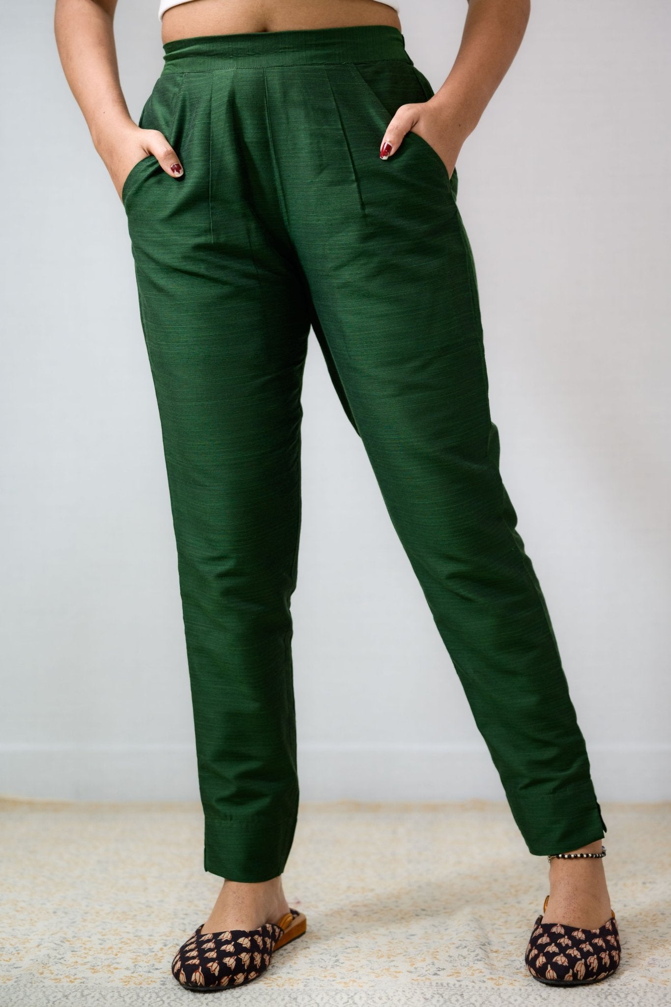Dark Olive Slub Silk Pencil Pants - Lobha Deepthis