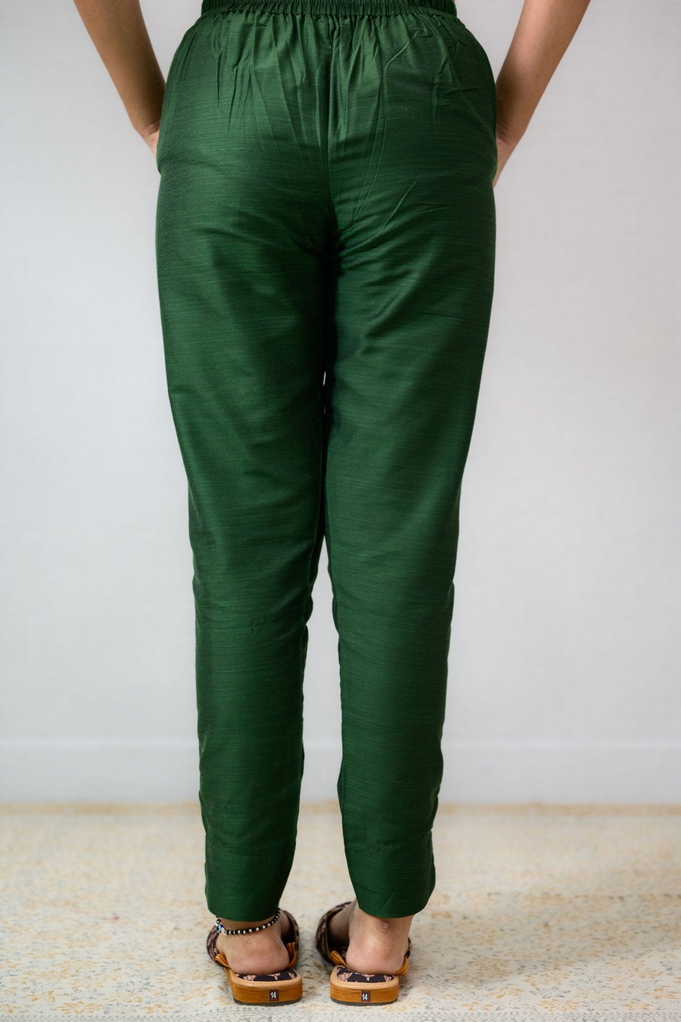 Dark Olive Slub Silk Pencil Pants - Lobha Deepthis