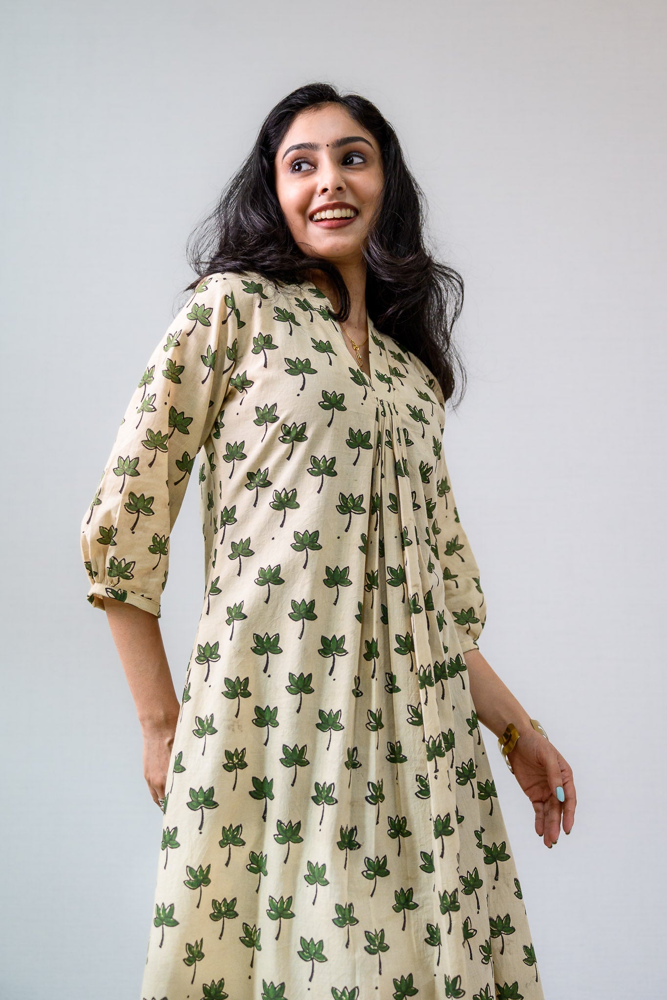 Green Tamara Ivory Front Pleated Dress - Lobha Deepthis