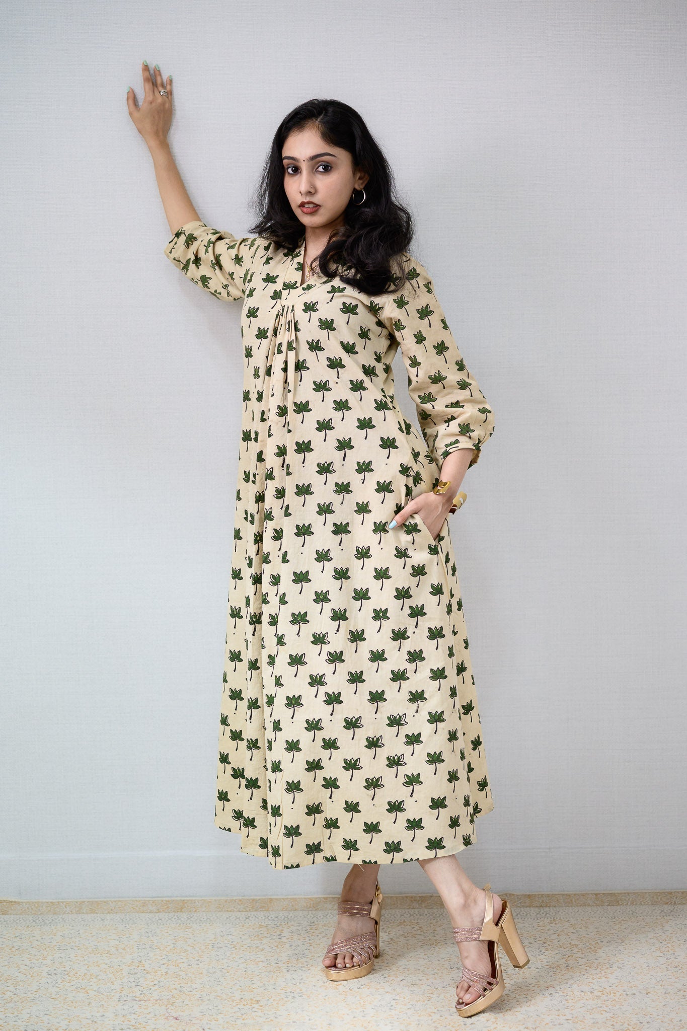 Green Tamara Ivory Front Pleated Dress - Lobha Deepthis