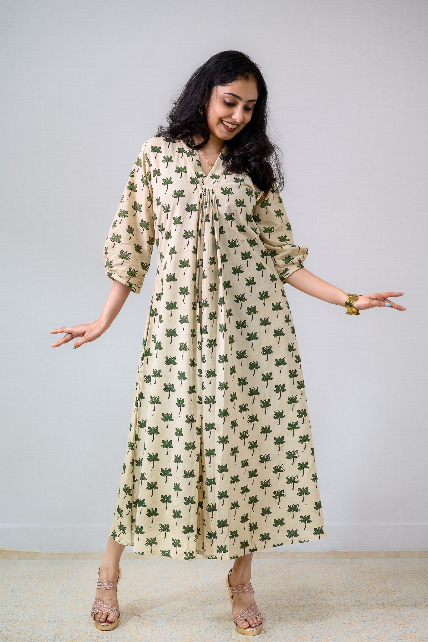 Green Tamara Ivory Front Pleated Dress - Lobha Deepthis