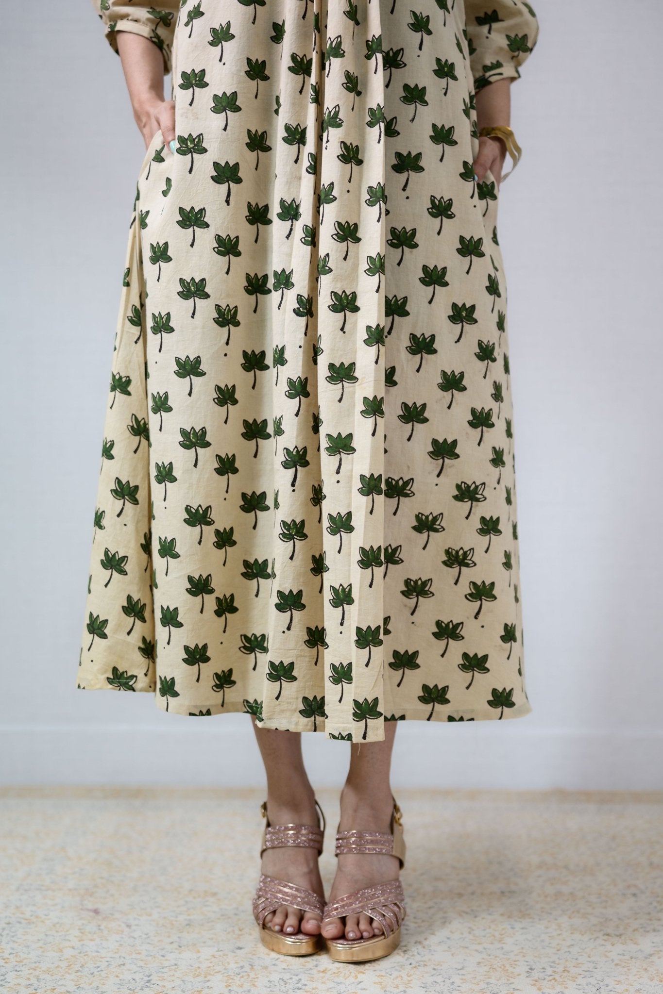 Green Tamara Ivory Front Pleated Dress - Lobha Deepthis
