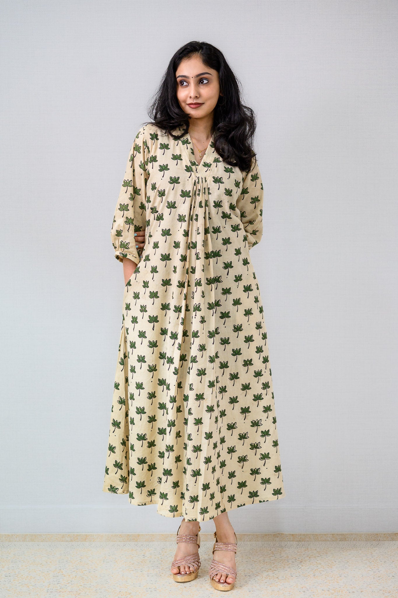 Green Tamara Ivory Front Pleated Dress - Lobha Deepthis