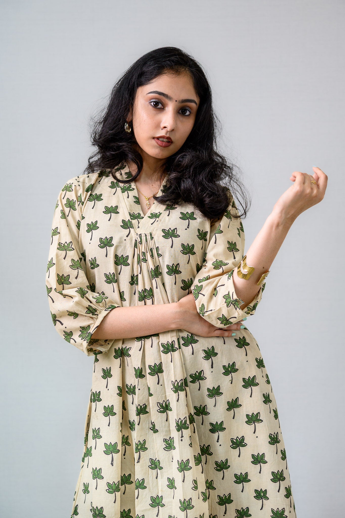 Green Tamara Ivory Front Pleated Dress - Lobha Deepthis