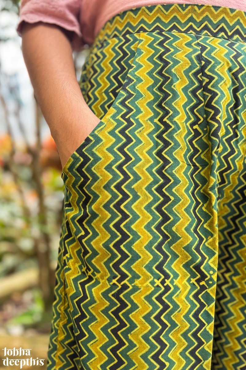 Green - Yellow Zig Zag Ajrakh Short Palazzo - Lobha Deepthis