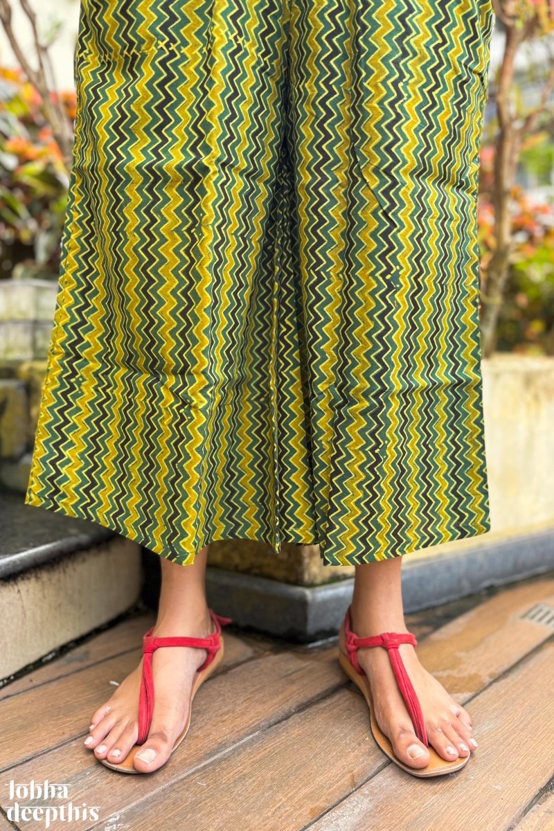 Green - Yellow Zig Zag Ajrakh Short Palazzo - Lobha Deepthis