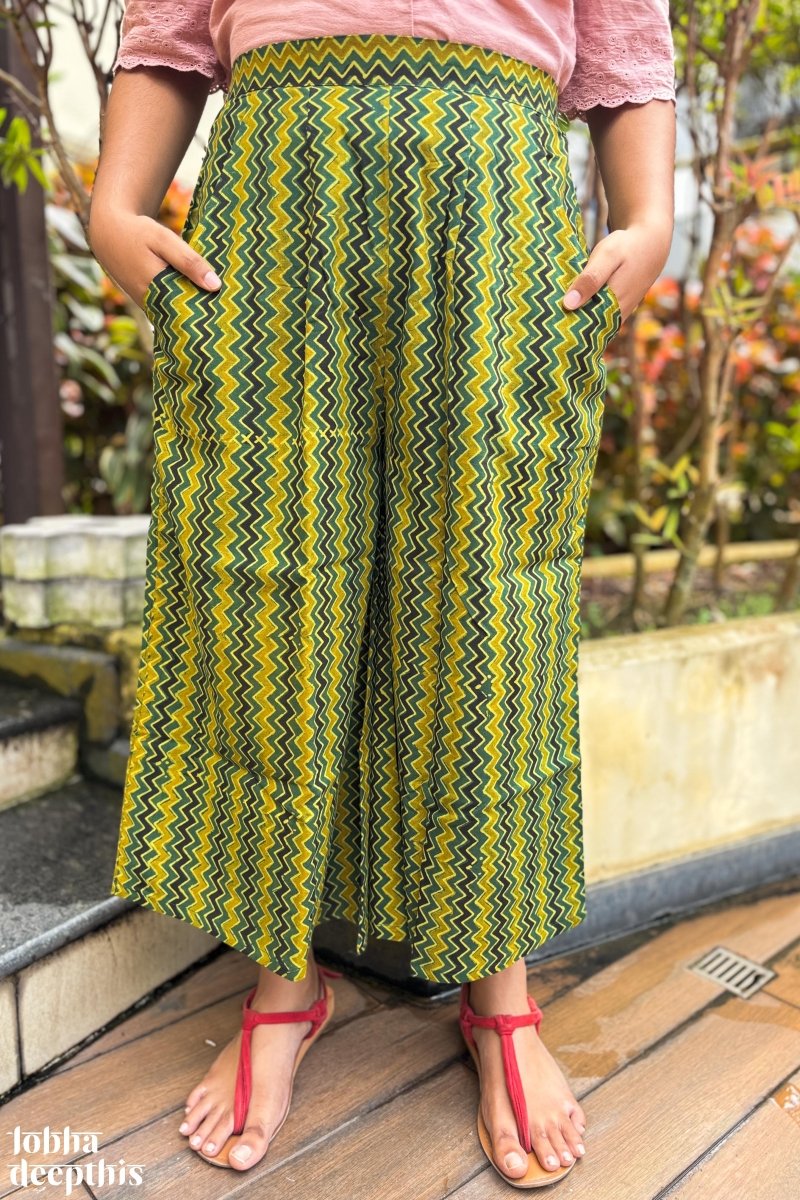 Green - Yellow Zig Zag Ajrakh Short Palazzo - Lobha Deepthis