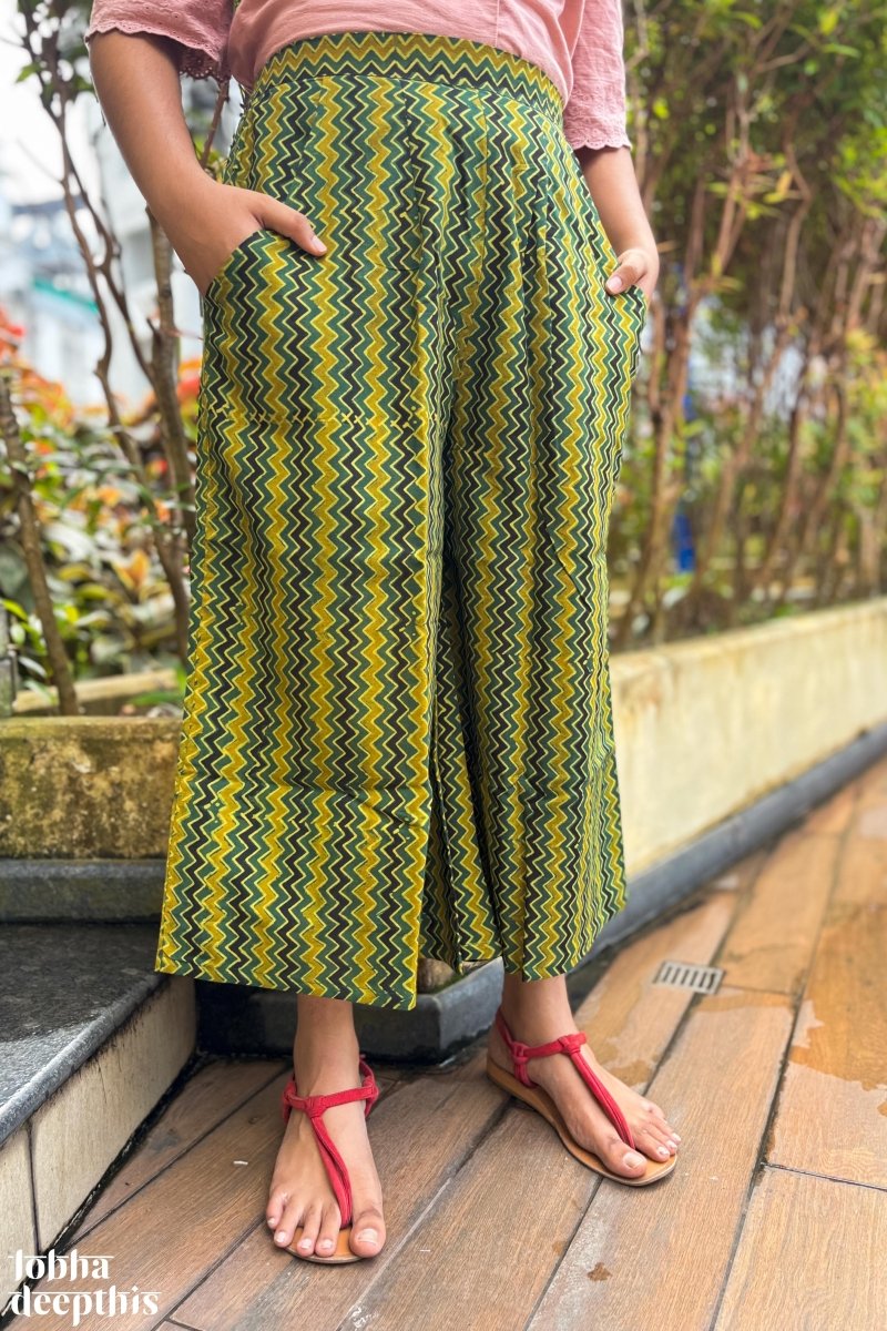 Green - Yellow Zig Zag Ajrakh Short Palazzo - Lobha Deepthis