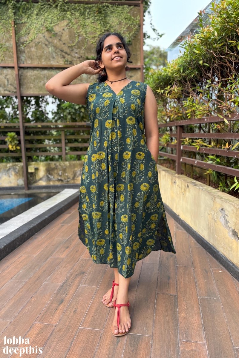 Hara Gulabo Ajrakh Dress - Lobha Deepthis
