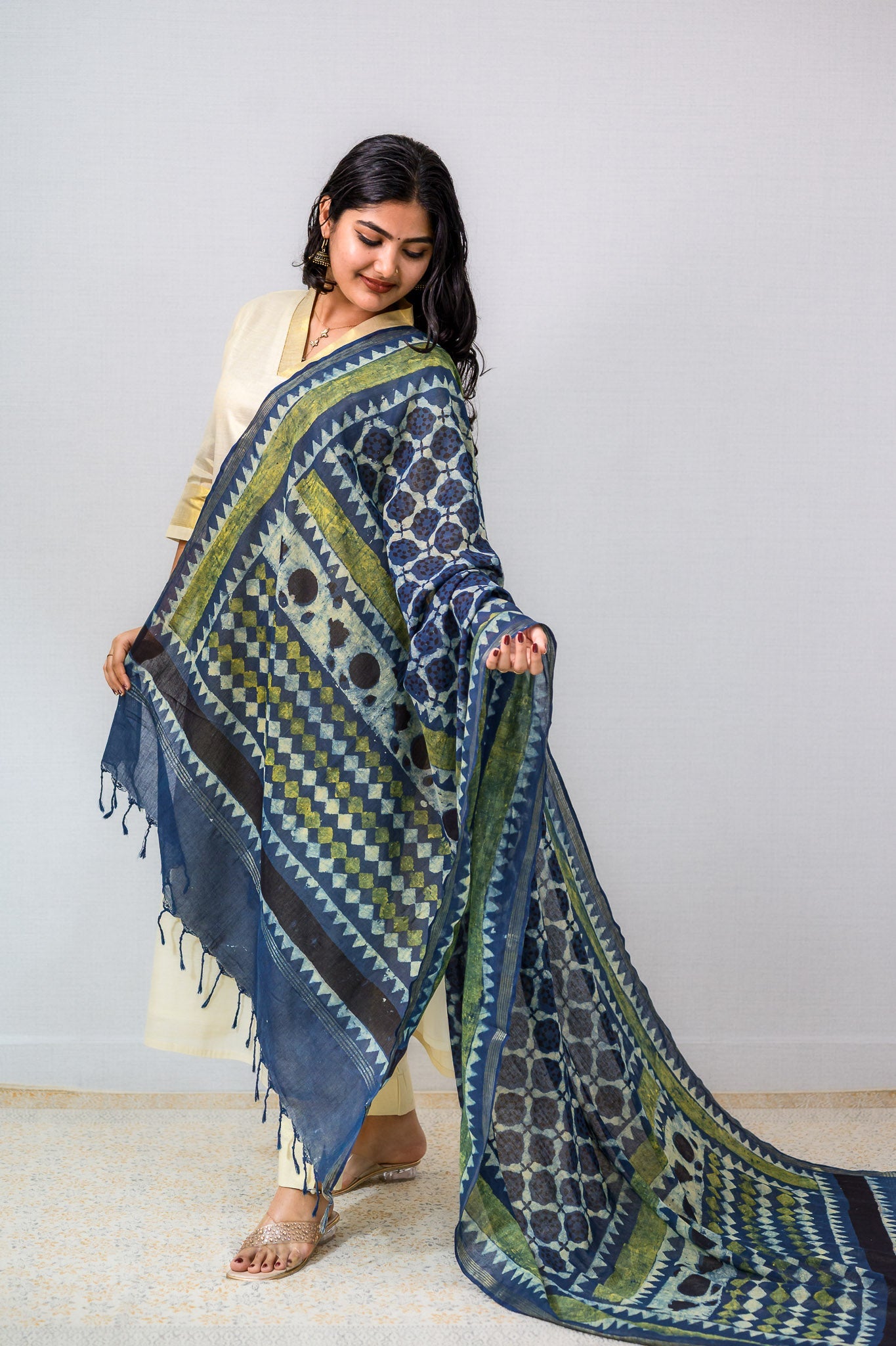 Indigo Tracery Ajrakh Pure Cotton Dupatta - Lobha Deepthis