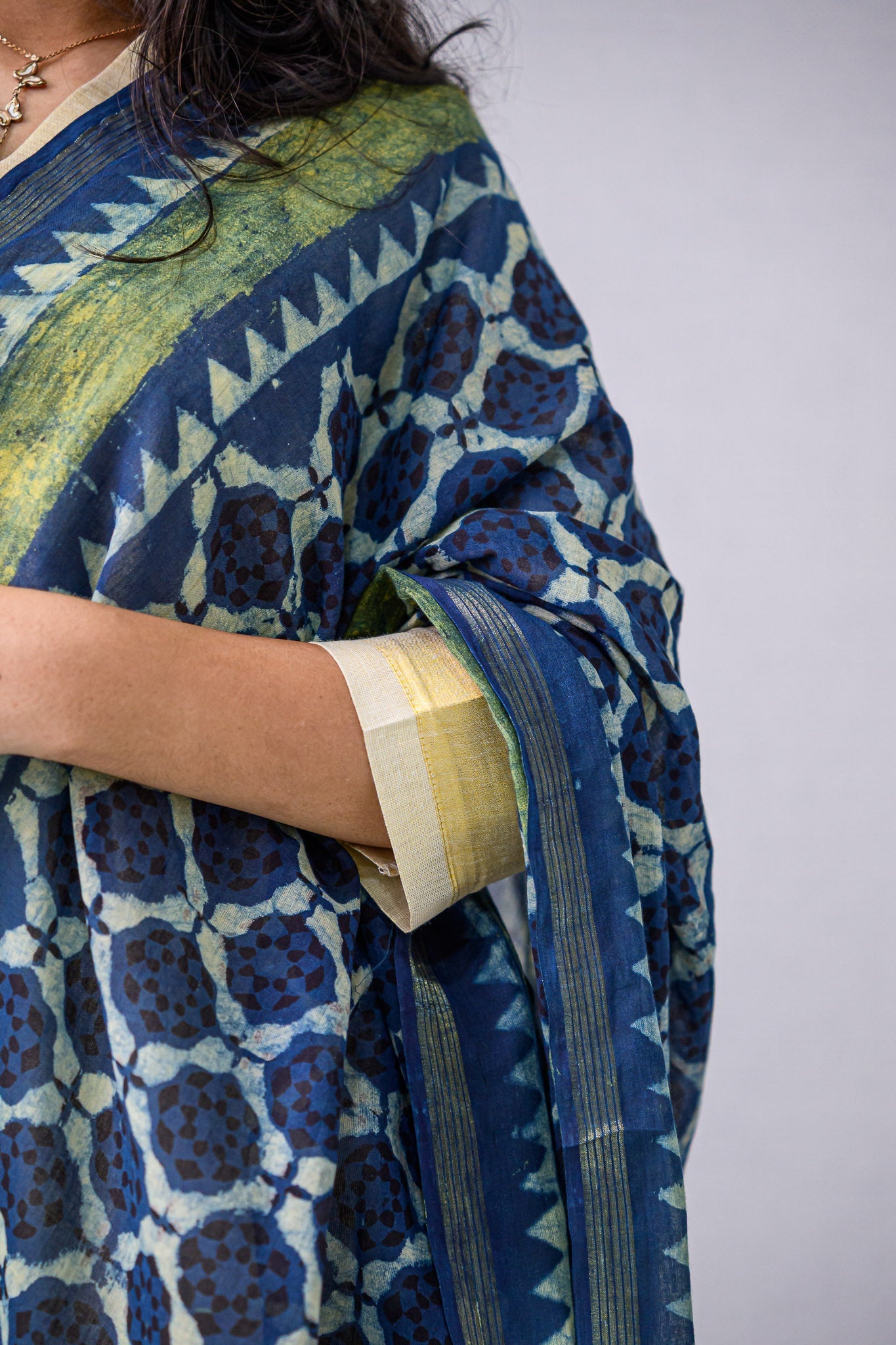 Indigo Tracery Ajrakh Pure Cotton Dupatta - Lobha Deepthis