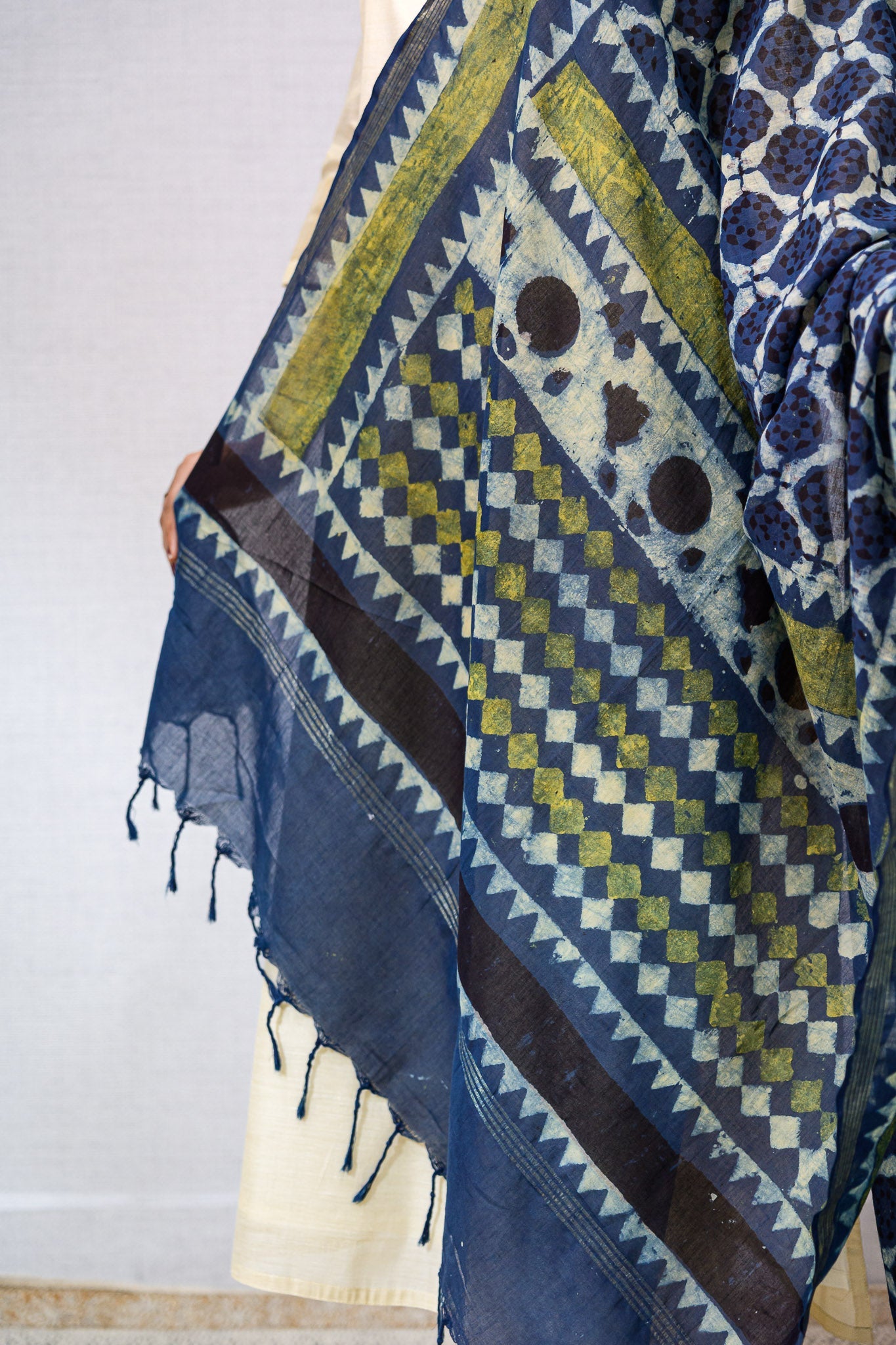 Indigo Tracery Ajrakh Pure Cotton Dupatta - Lobha Deepthis