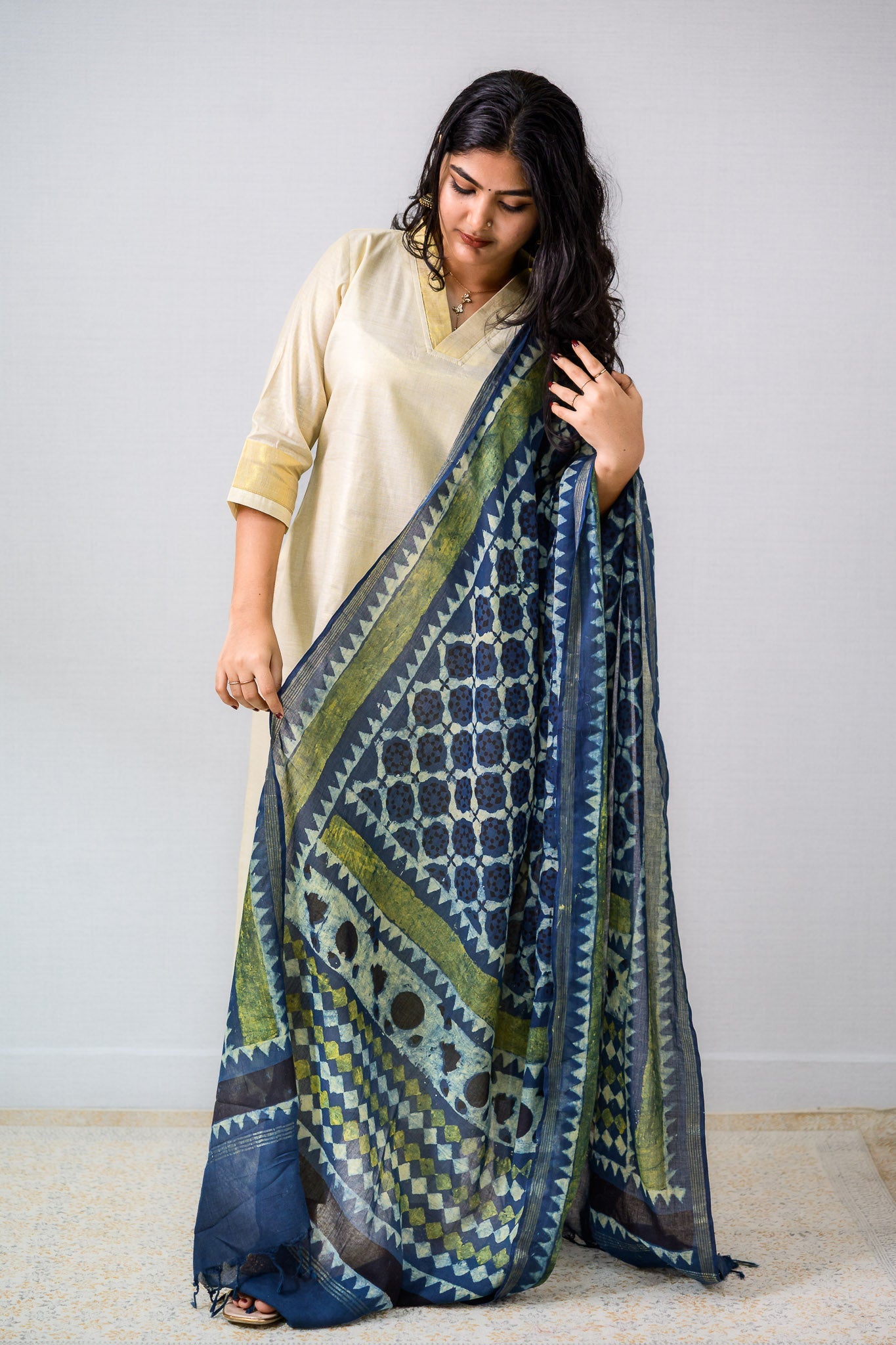 Indigo Tracery Ajrakh Pure Cotton Dupatta - Lobha Deepthis