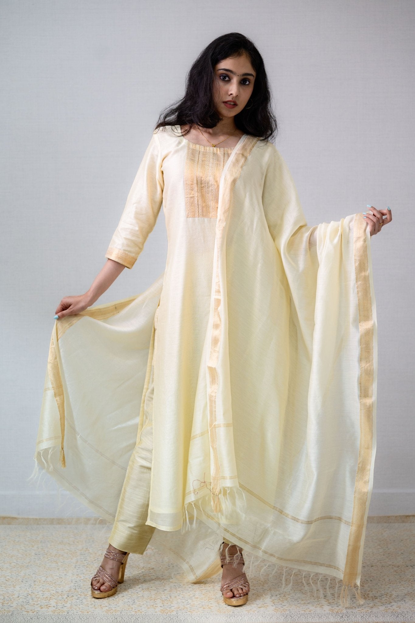 Ivory Maheshwari Silk Round Neck Kurta - Lobha Deepthis