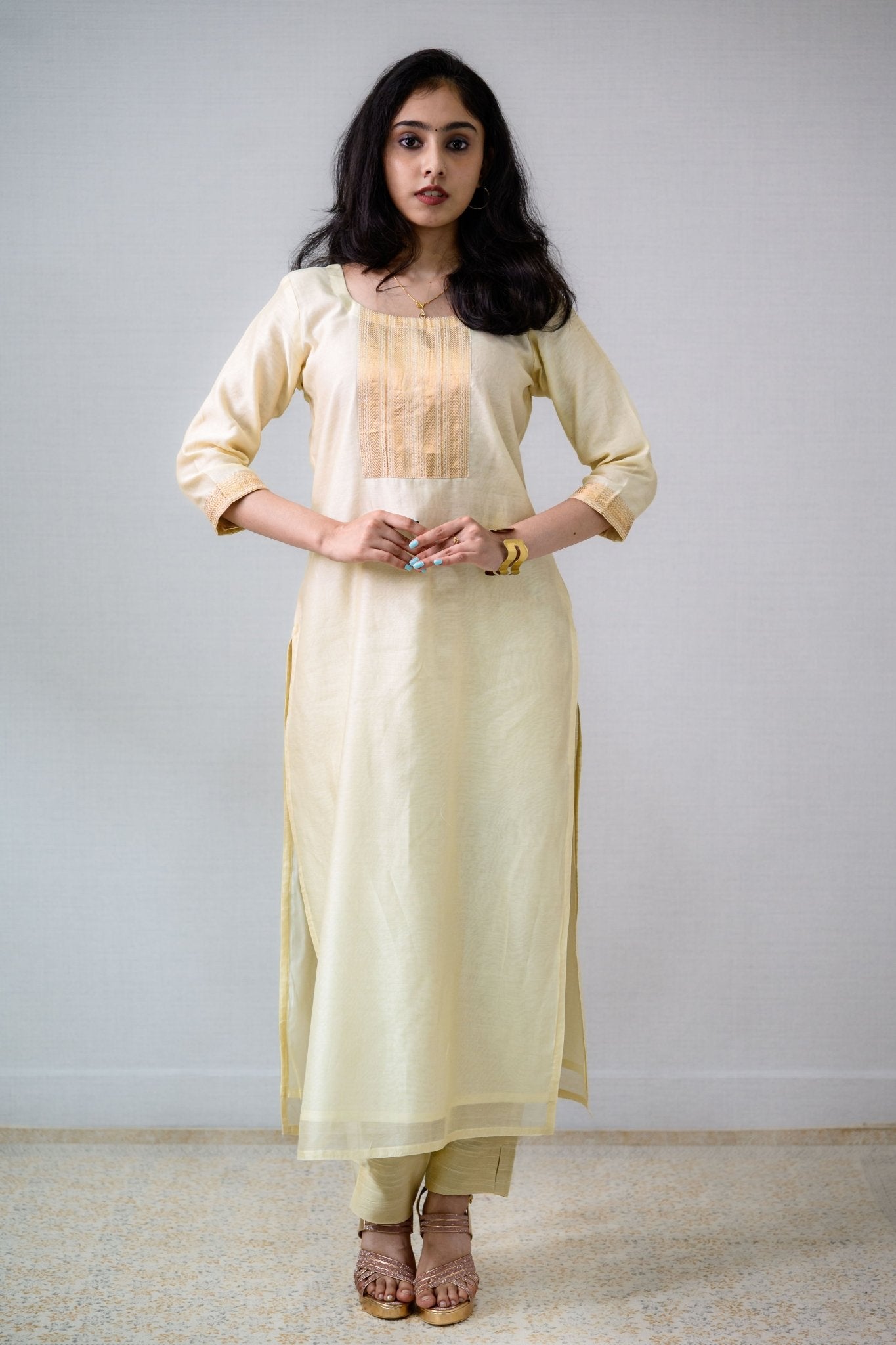 Ivory Maheshwari Silk Round Neck Kurta - Lobha Deepthis
