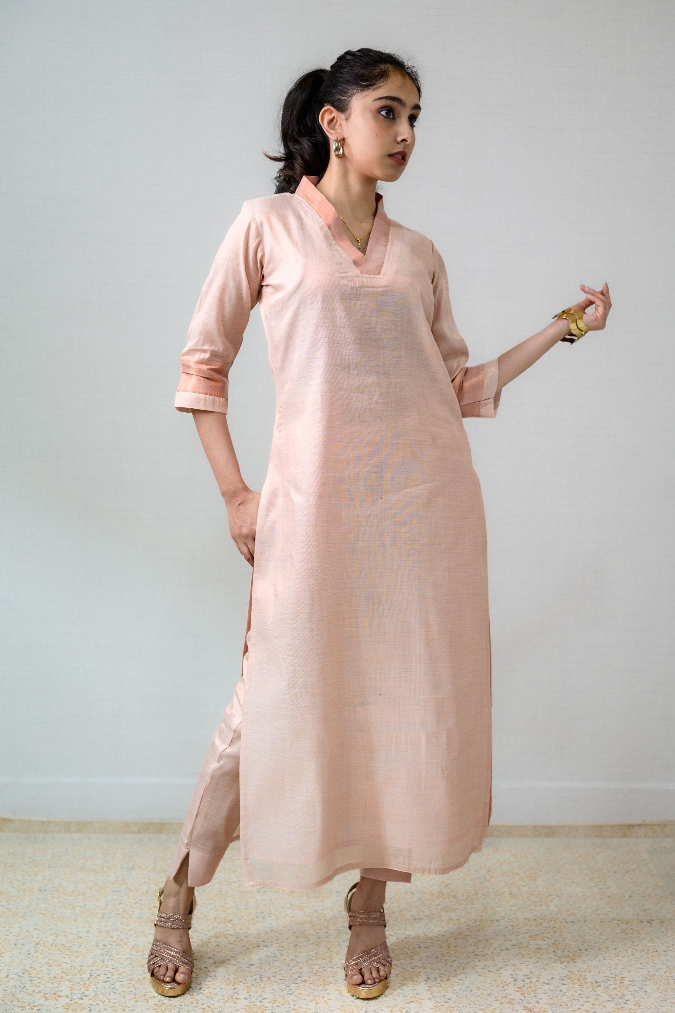 Kasavu Elegance Copper Tissue Straight Kurta - Lobha Deepthis