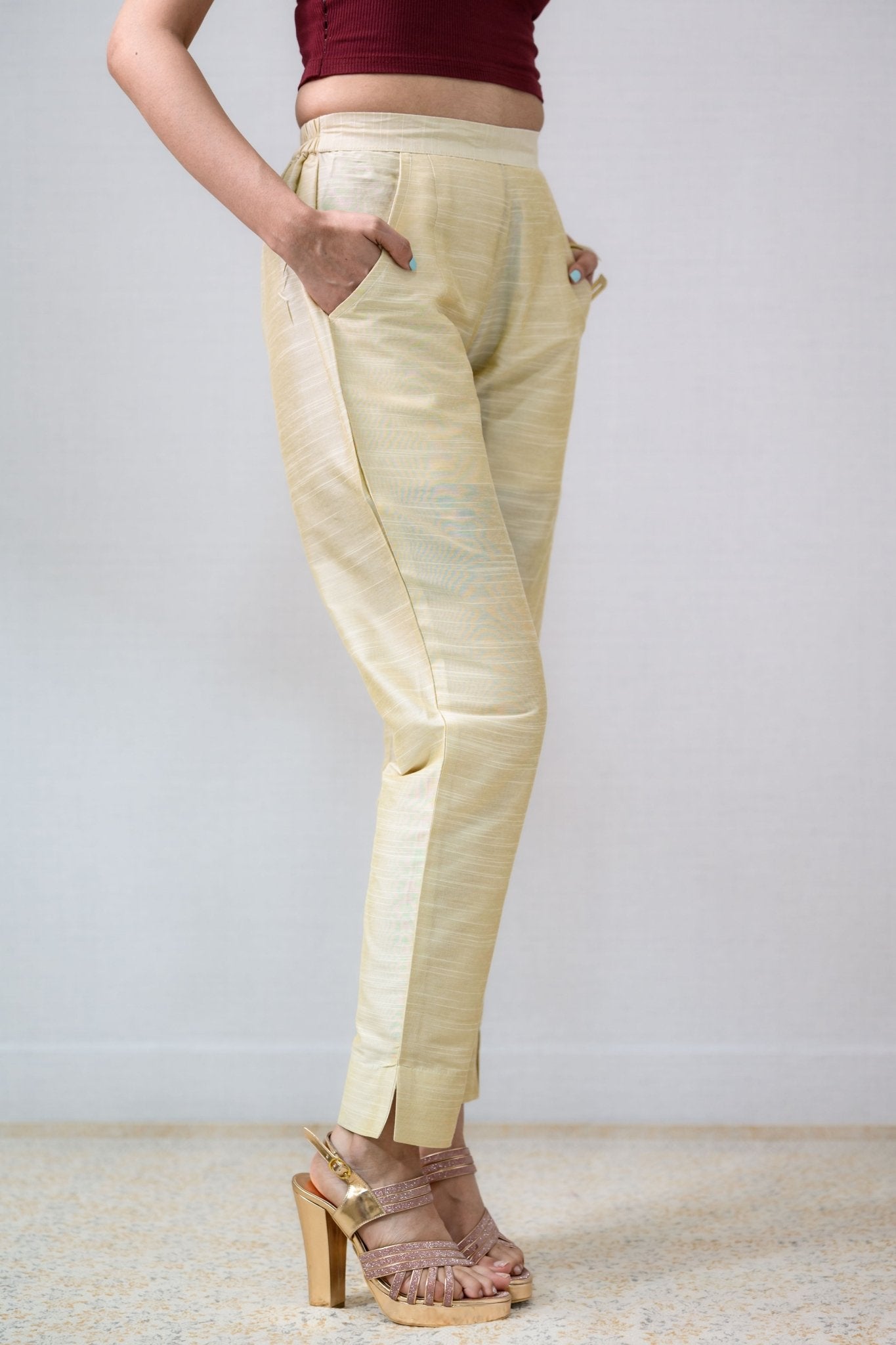 Kerala Cream Slub Silk Pencil Pants - Lobha Deepthis