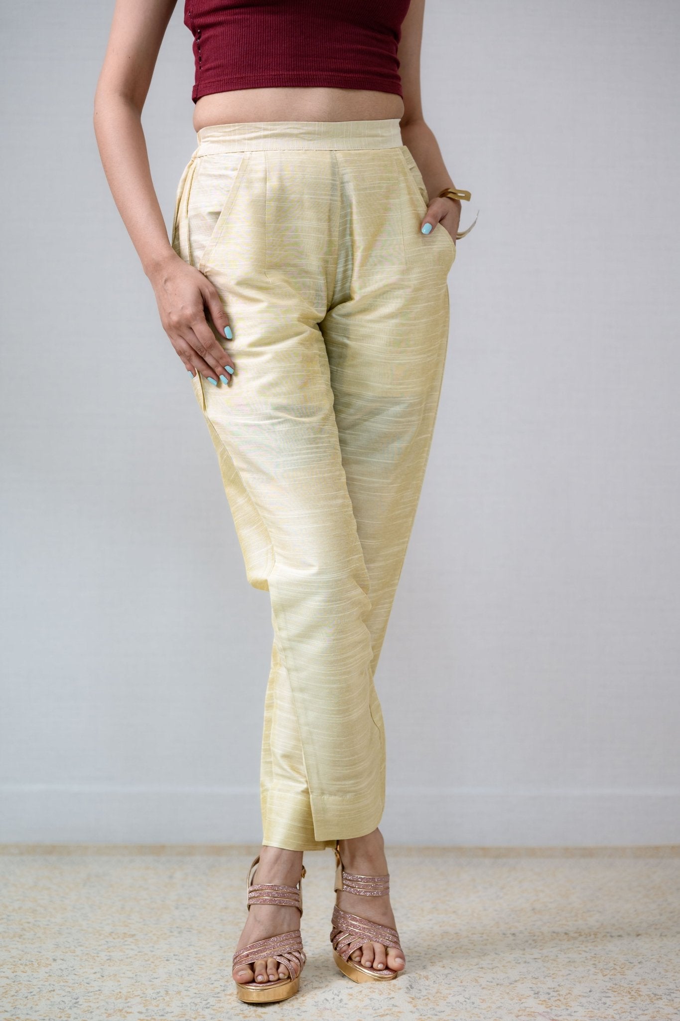 Kerala Cream Slub Silk Pencil Pants - Lobha Deepthis