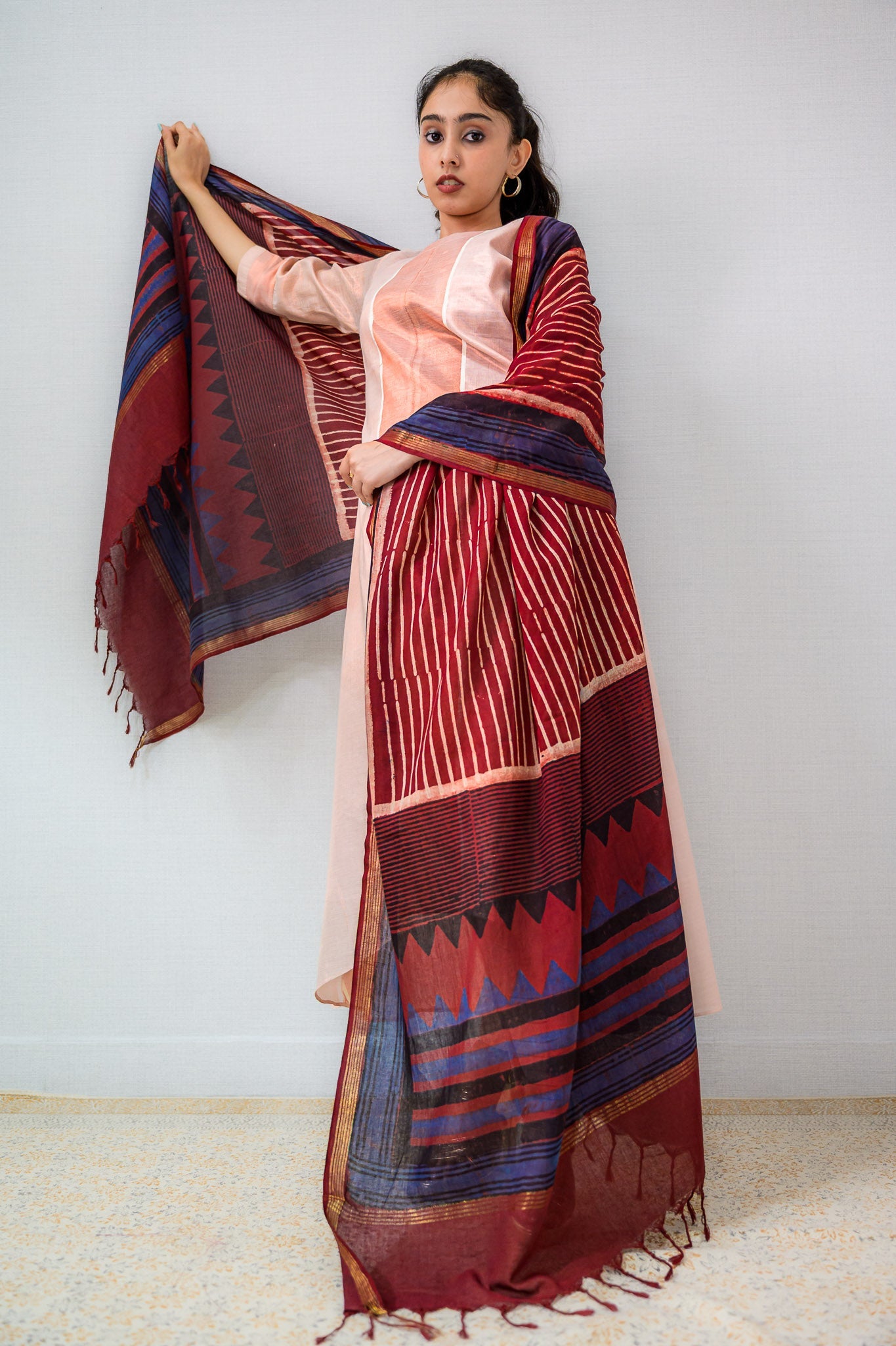 Lines and Angles Ajrakh Pure Cotton Dupatta - Lobha Deepthis