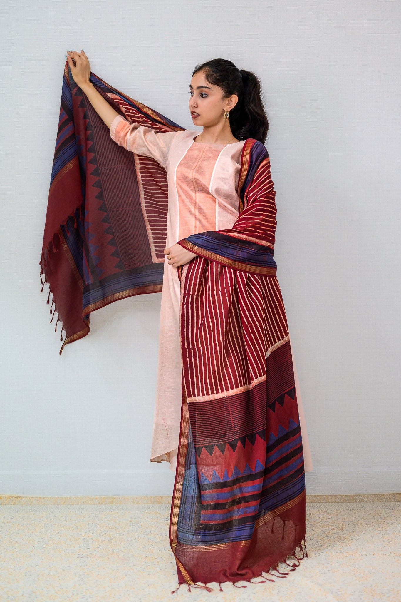 Lines and Angles Ajrakh Pure Cotton Dupatta - Lobha Deepthis