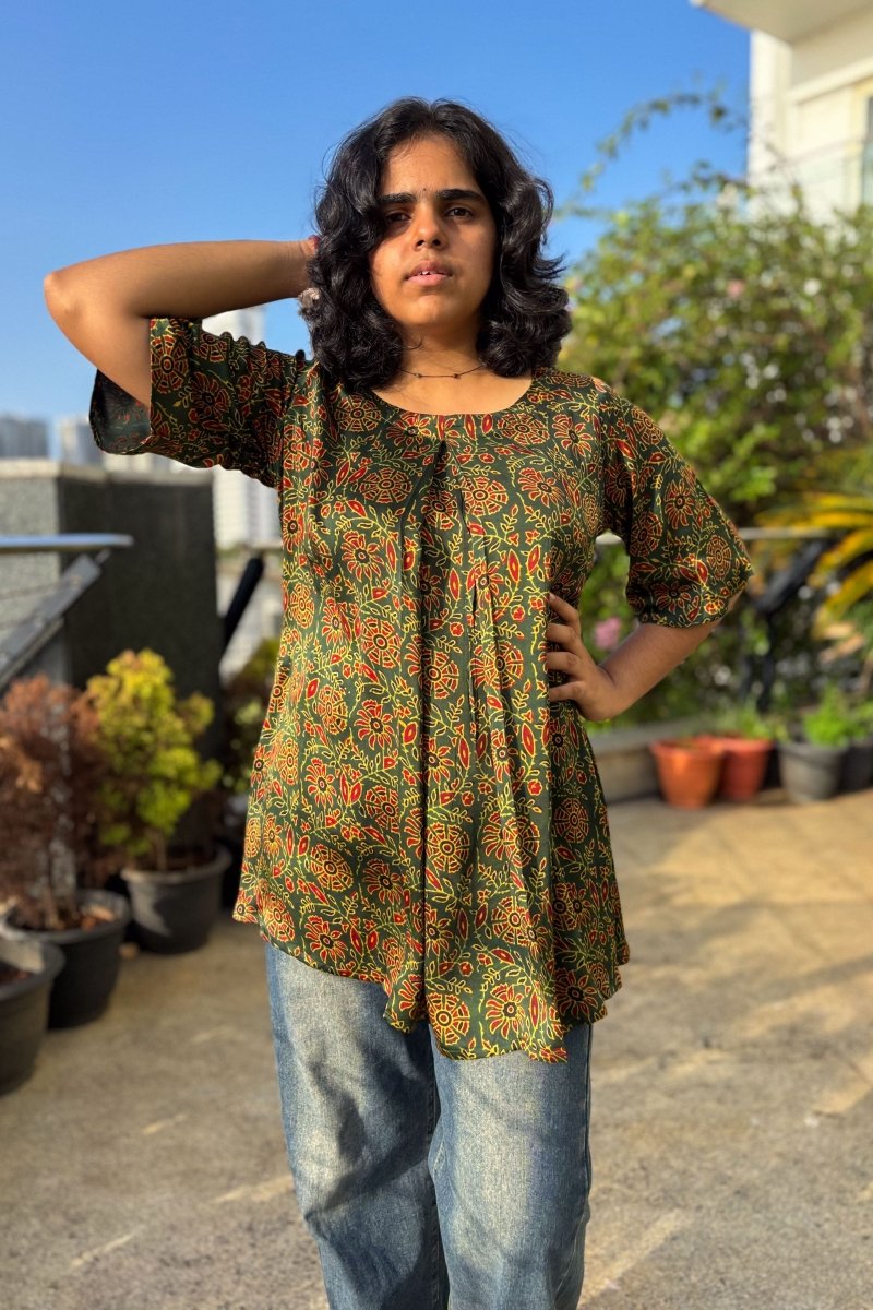 Living Green Modal Ajrakh Short Top - Lobha Deepthis