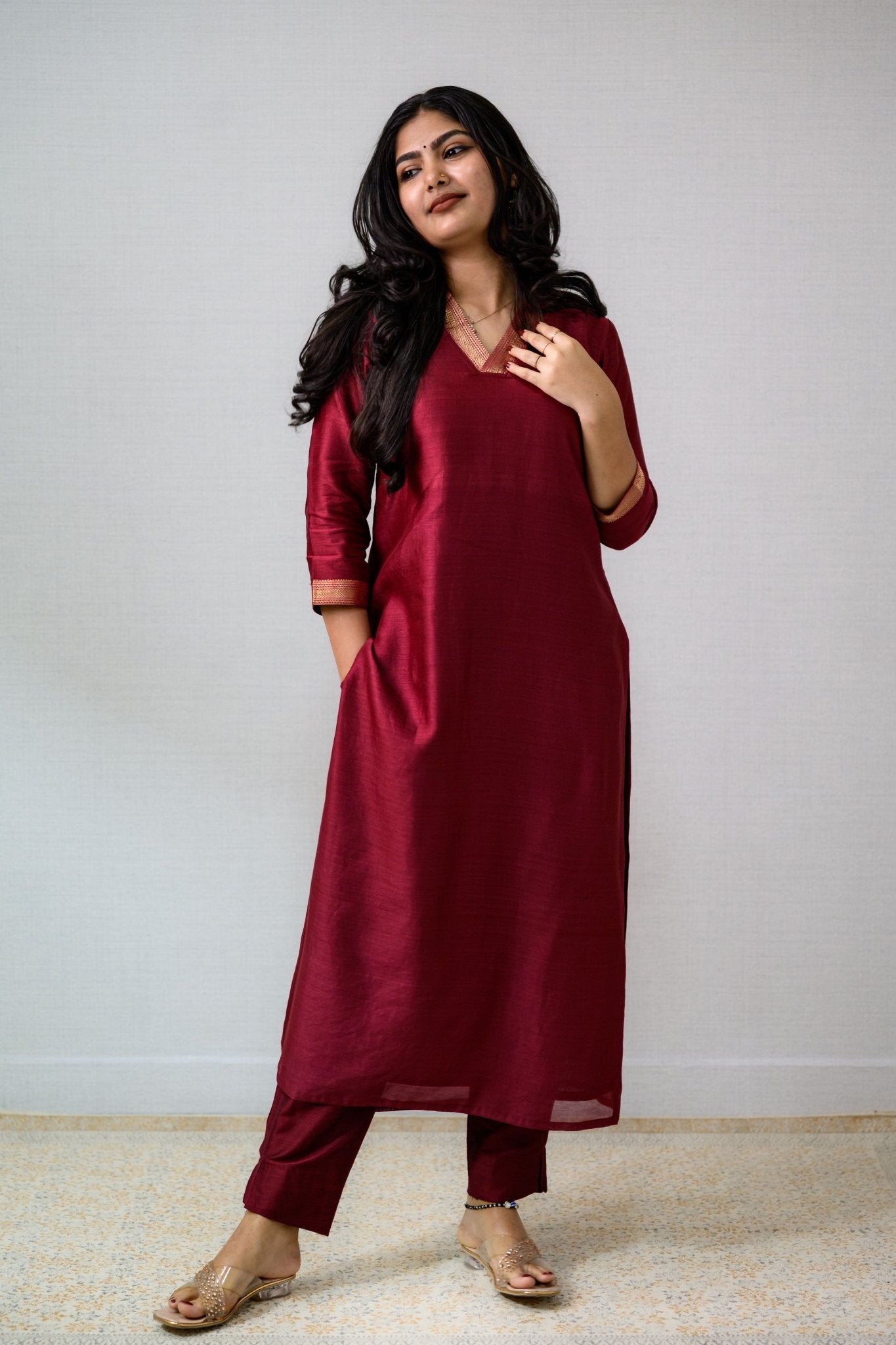 Maroon Maheshwari Silk Collar Kurta - Lobha Deepthis