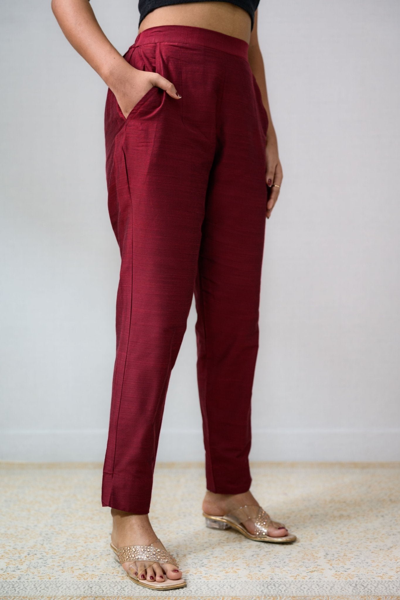 Maroon Slub Silk Pencil Pants - Lobha Deepthis