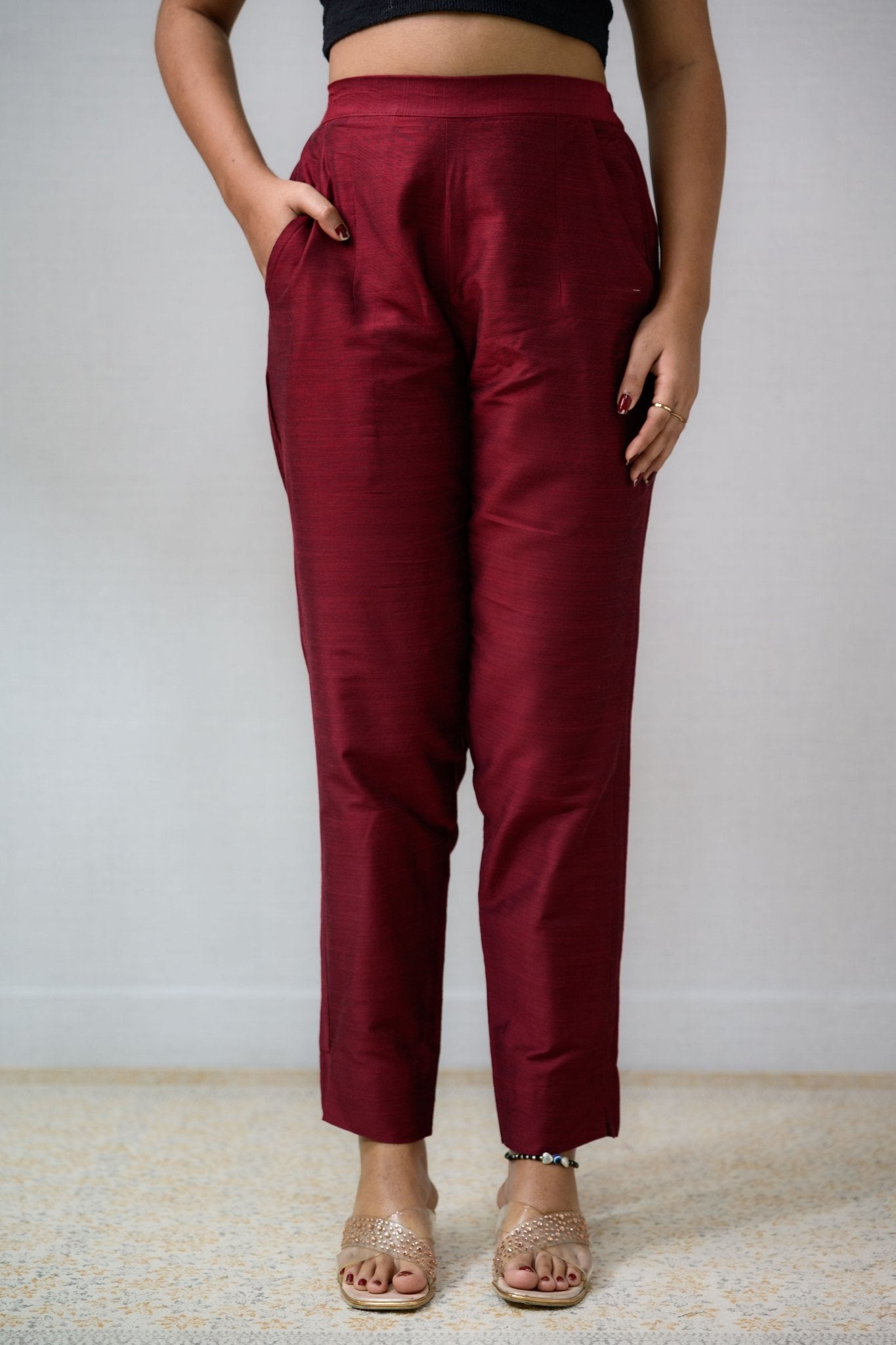 Maroon Slub Silk Pencil Pants - Lobha Deepthis
