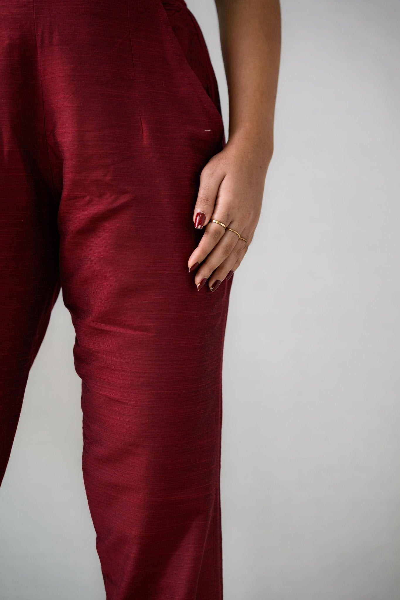 Maroon Slub Silk Pencil Pants - Lobha Deepthis