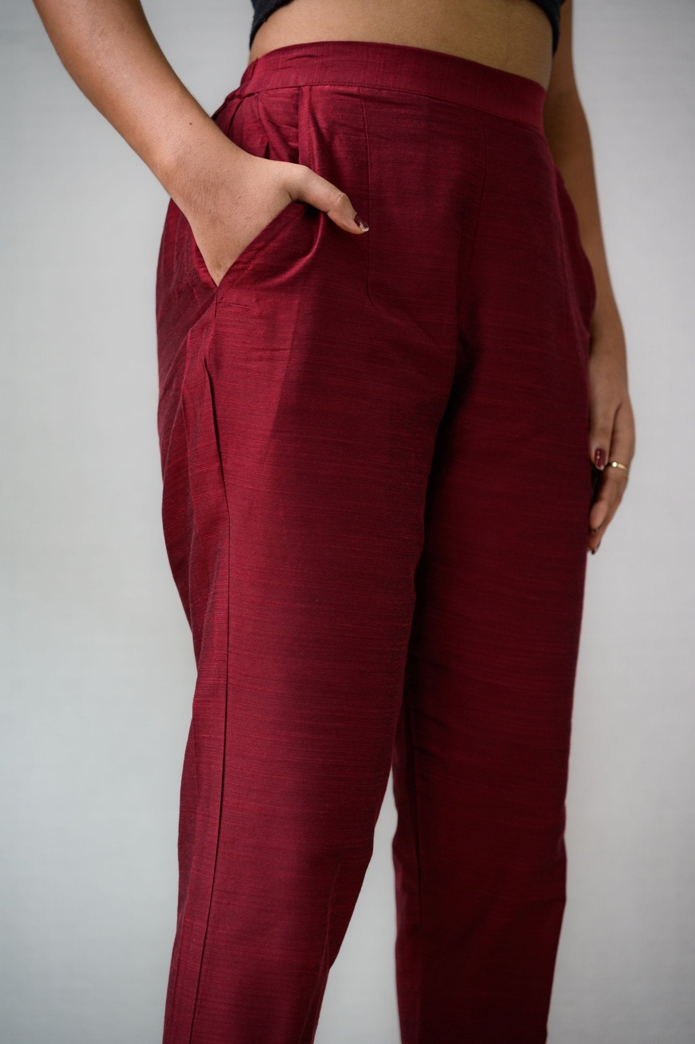 Maroon Slub Silk Pencil Pants - Lobha Deepthis