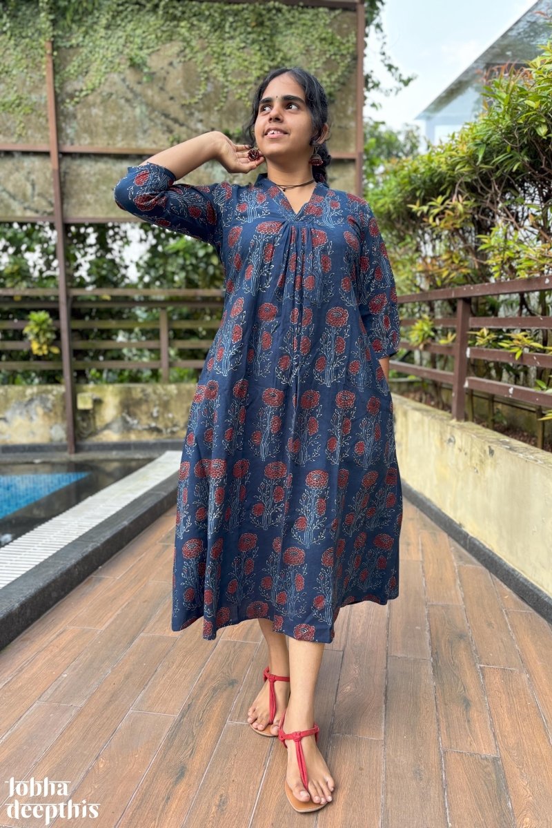 Indigo Blue Gulabo Ajrakh Cotton Pleated Summer Dress- Lobha Deepthis Indigo Blue Gulabo Ajrakh Cotton Pleated Summer Dress- Lobha Deepthis