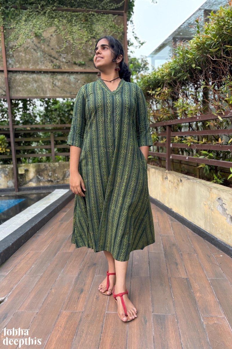 Pearl Stripes Bottle Green Ajrakh Aline Kurta - Lobha Deepthis