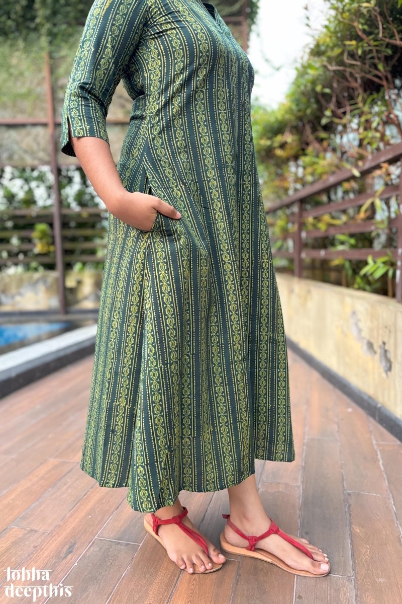 Pearl Stripes Bottle Green Ajrakh Aline Kurta - Lobha Deepthis