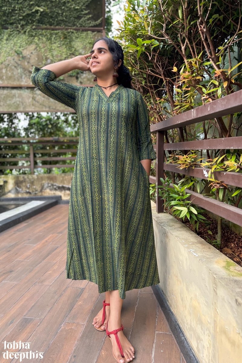 Pearl Stripes Bottle Green Ajrakh Aline Kurta - Lobha Deepthis