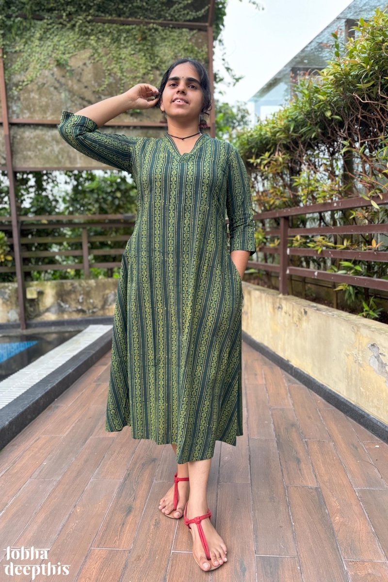 Pearl Stripes Bottle Green Ajrakh Aline Kurta - Lobha Deepthis