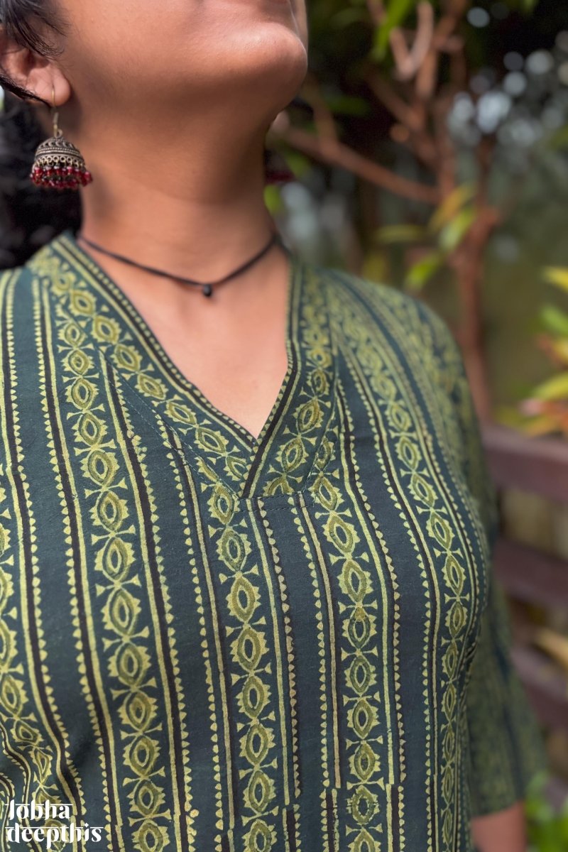 Pearl Stripes Bottle Green Ajrakh Aline Kurta - Lobha Deepthis