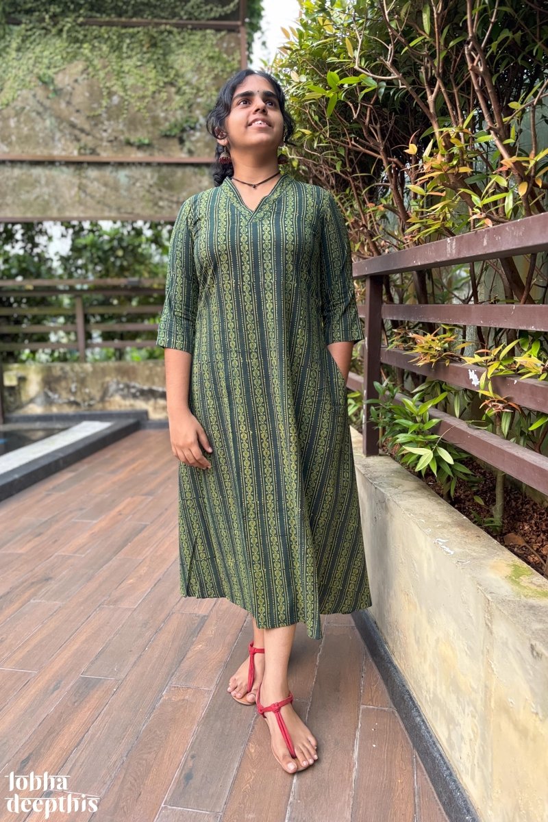 Pearl Stripes Bottle Green Ajrakh Aline Kurta - Lobha Deepthis