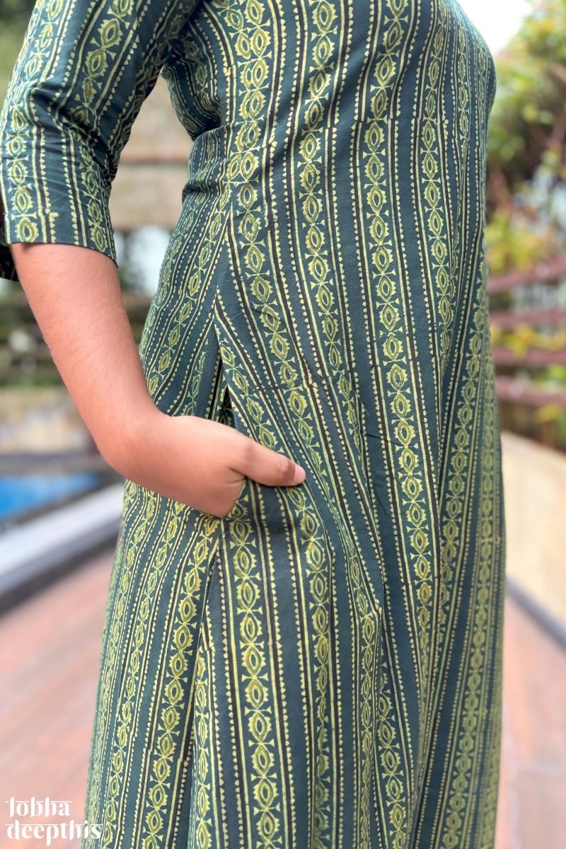 Pearl Stripes Bottle Green Ajrakh Aline Kurta - Lobha Deepthis