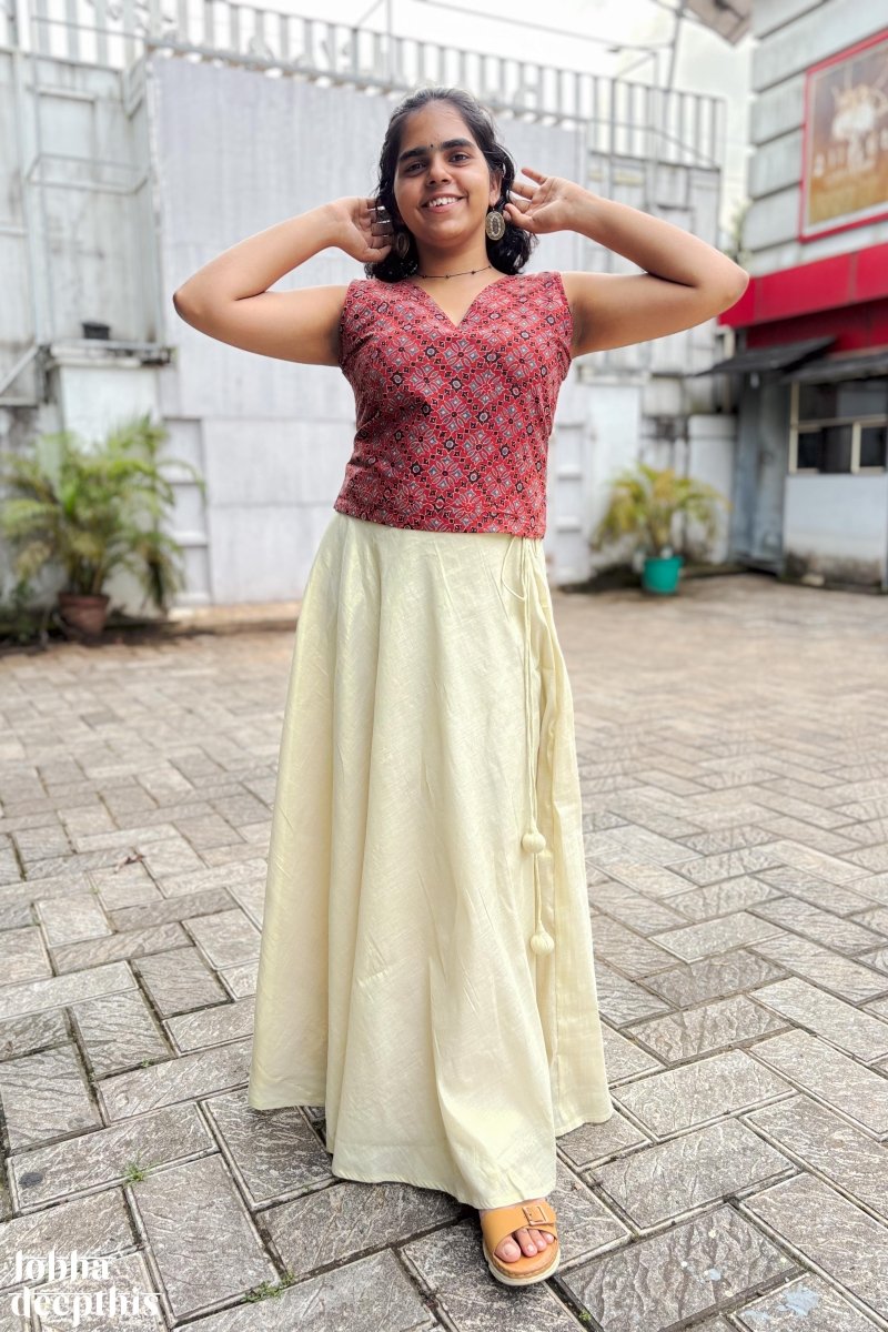 Red Ajrakh and Golden Tissue Onam Skirt Top Lobha Deepthis