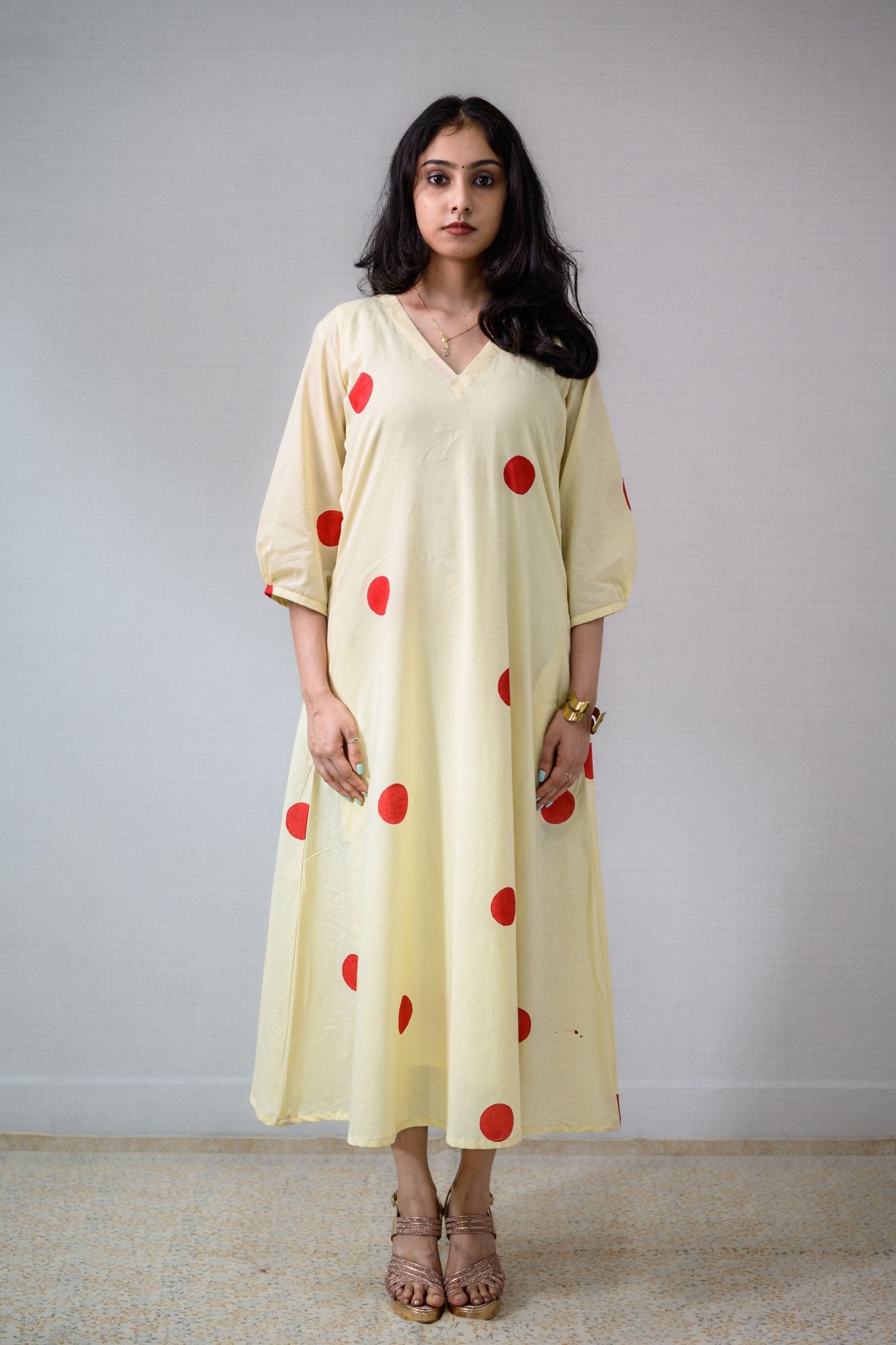 Red Polkas on Cream Dress - Lobha Deepthis